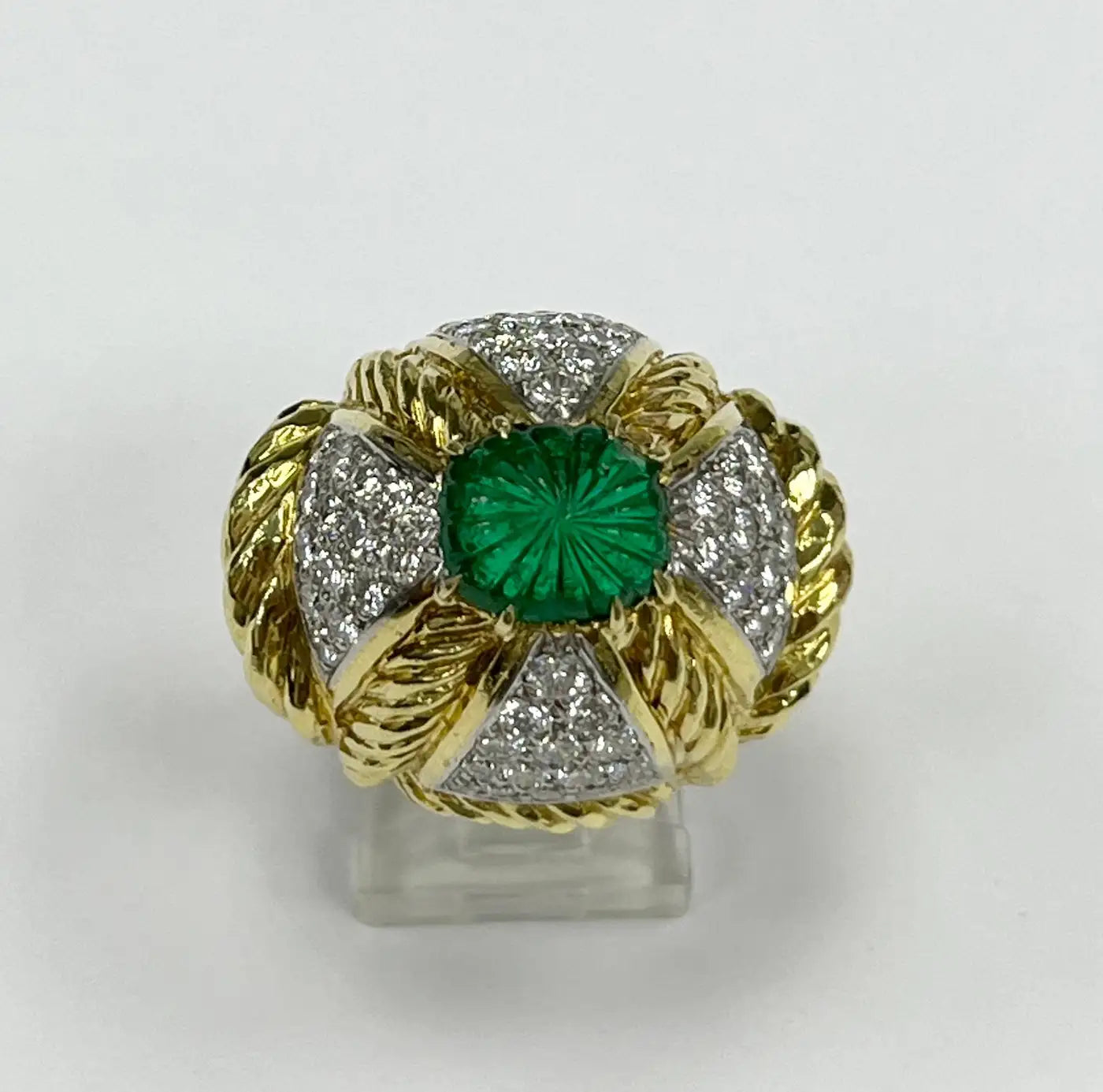 David Webb 18K Gold and Platinum Diamond and Emerald Ring