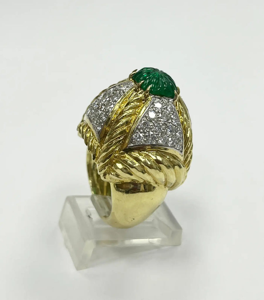 David Webb 18K Gold and Platinum Diamond and Emerald Ring