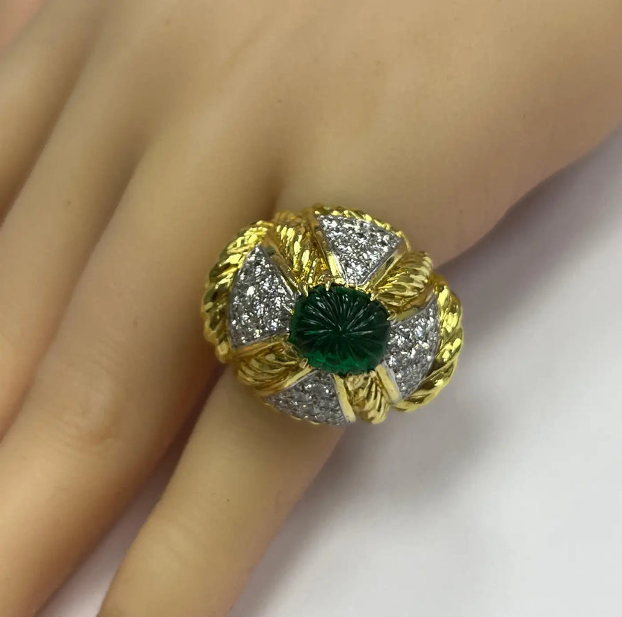 David Webb 18K Gold and Platinum Diamond and Emerald Ring