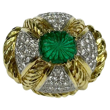 David Webb 18K Gold and Platinum Diamond and Emerald Ring