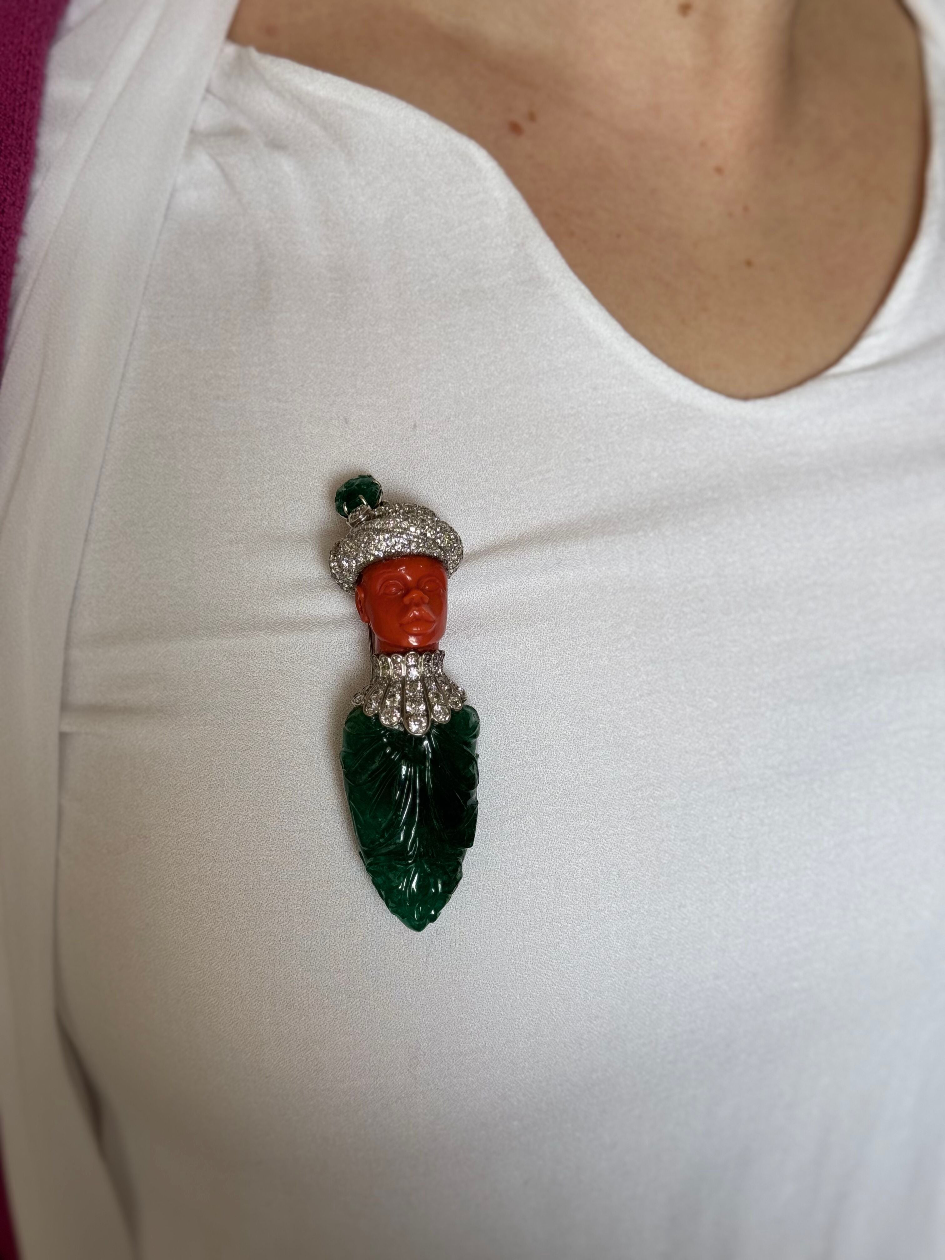 Attilio Codognato 200 Carat Carved Emerald Coral Diamond Gold Brooch Pendant