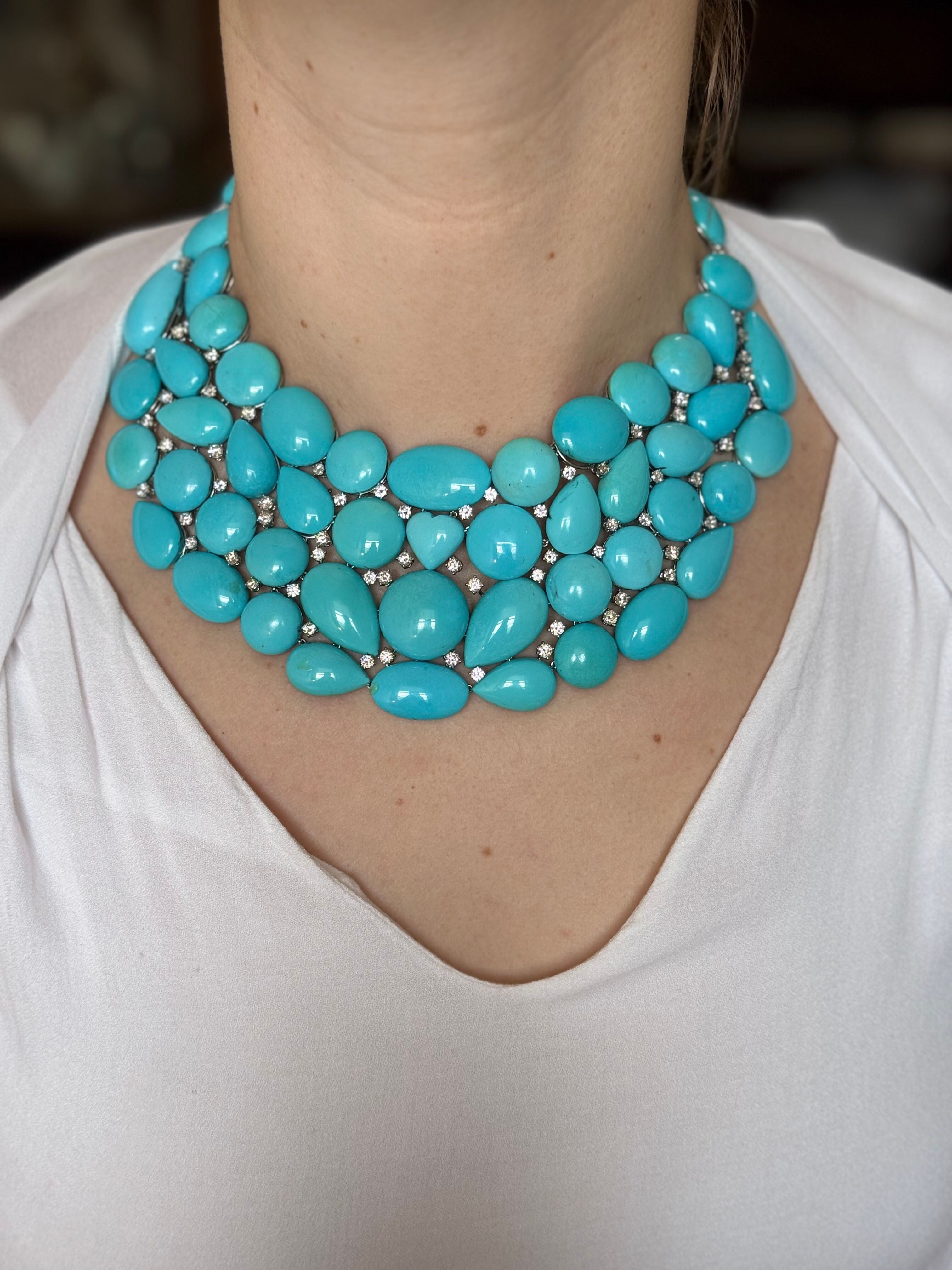 Impressive Turquoise Diamonds Gold Bib Necklace