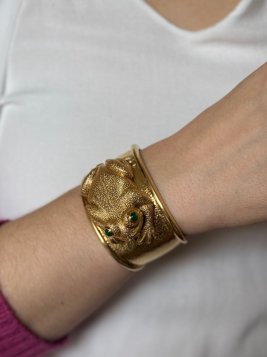 David Webb Emerald Frog Gold Cuff Bracelet