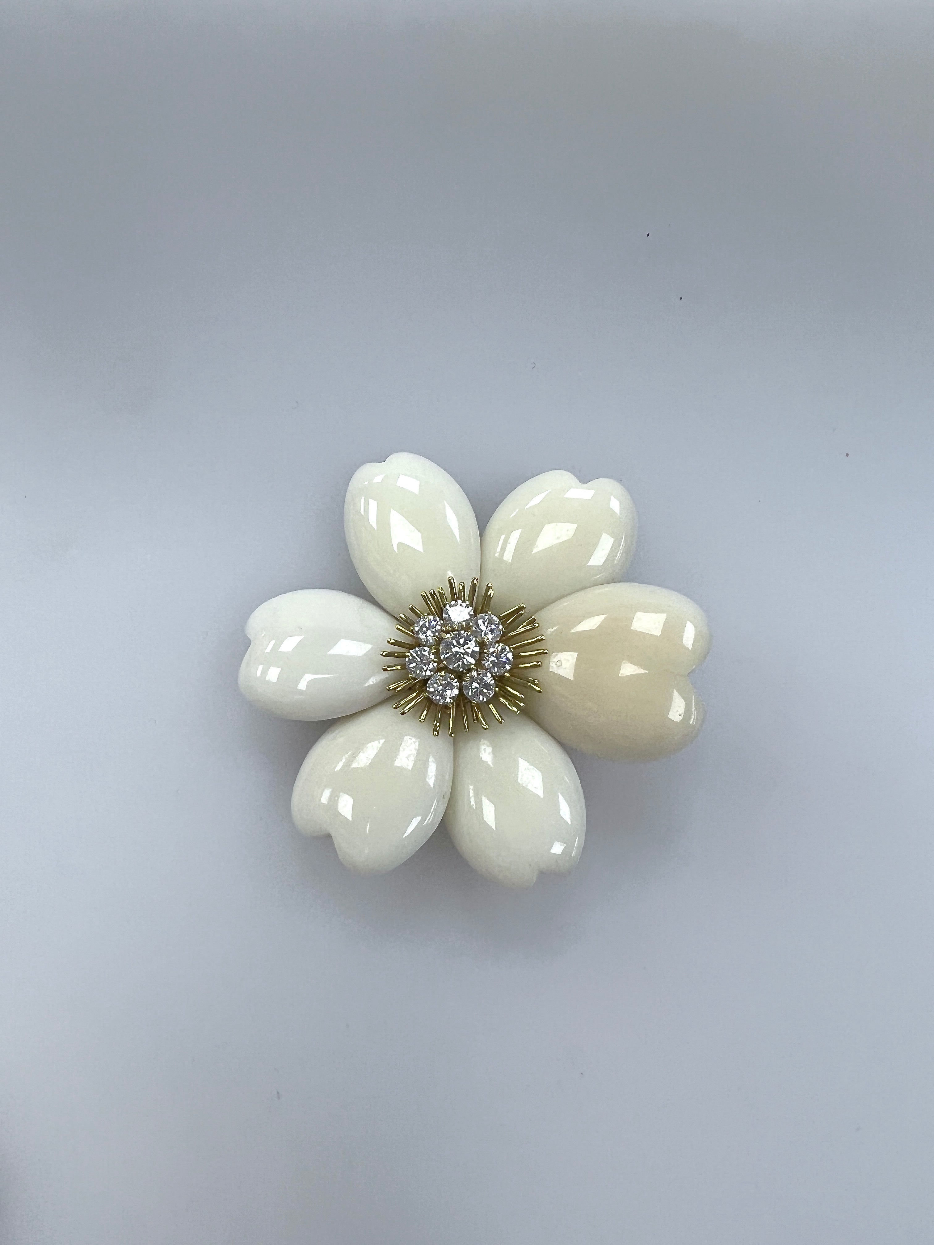 Carved White Coral, Gold and Diamond Flower Clip-Brooch