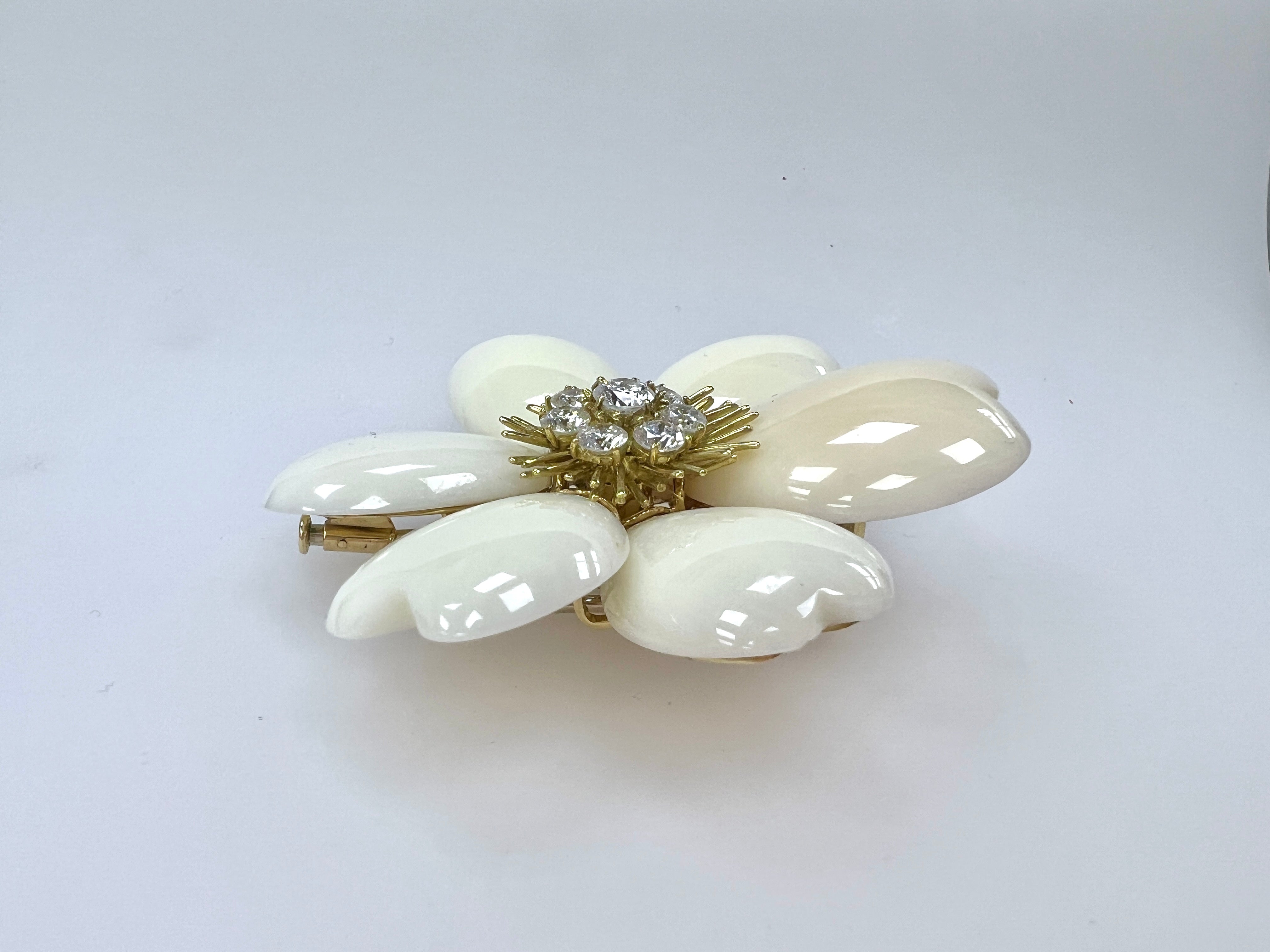 Carved White Coral, Gold and Diamond Flower Clip-Brooch