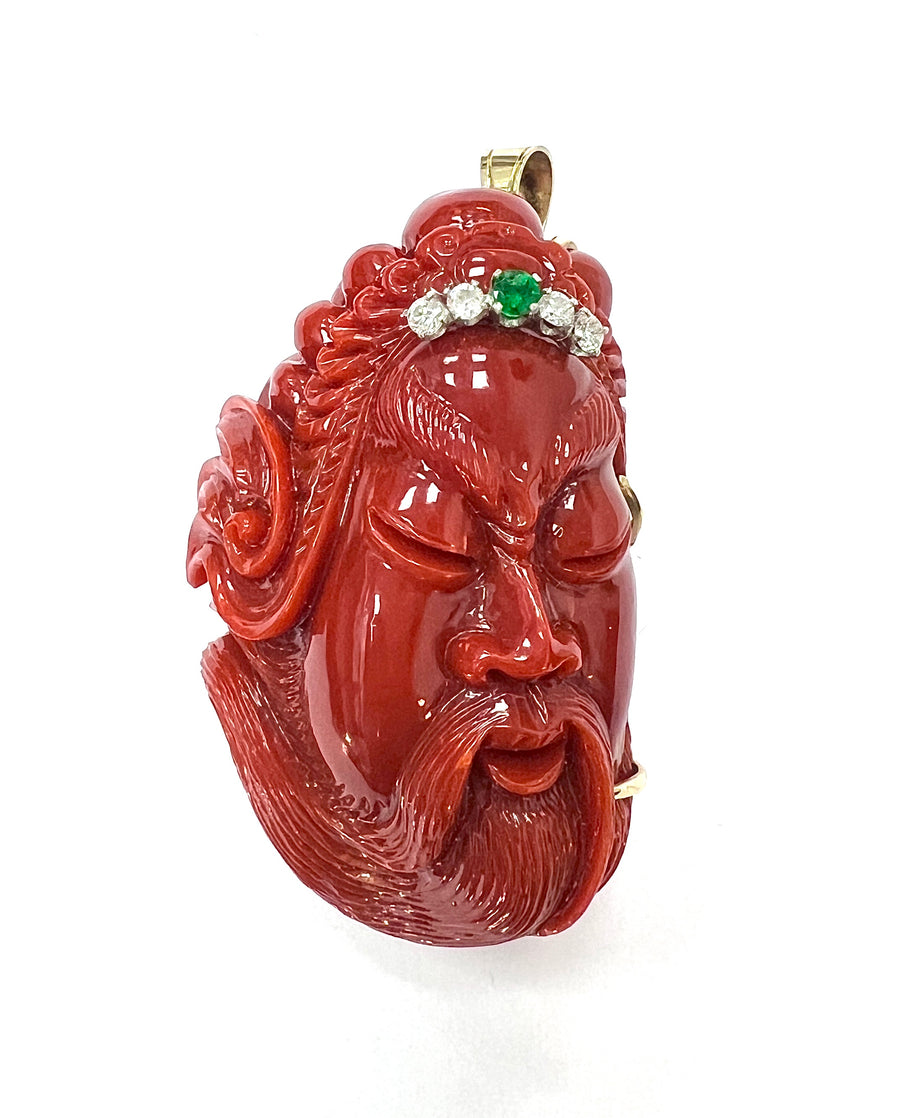 Gold carved oxblood coral diamond and emerald pendant brooch