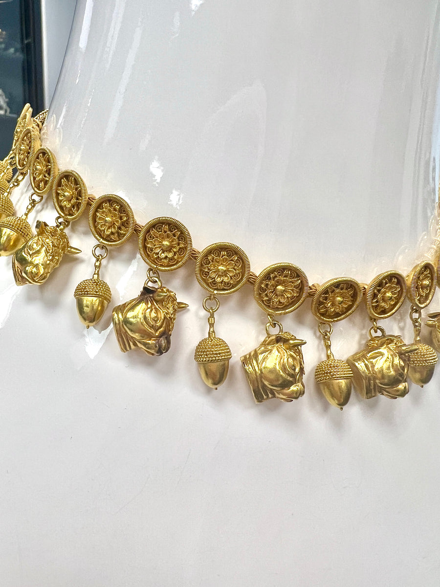 Ilias Lalaounis 22K YG Etruscan Revival Acorn & Bull Necklace