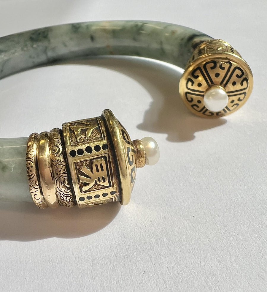 Antique Large AAA Jade & Pearl 18k Yellow Gold 3D Chinese Cuff Bangle Bracelet