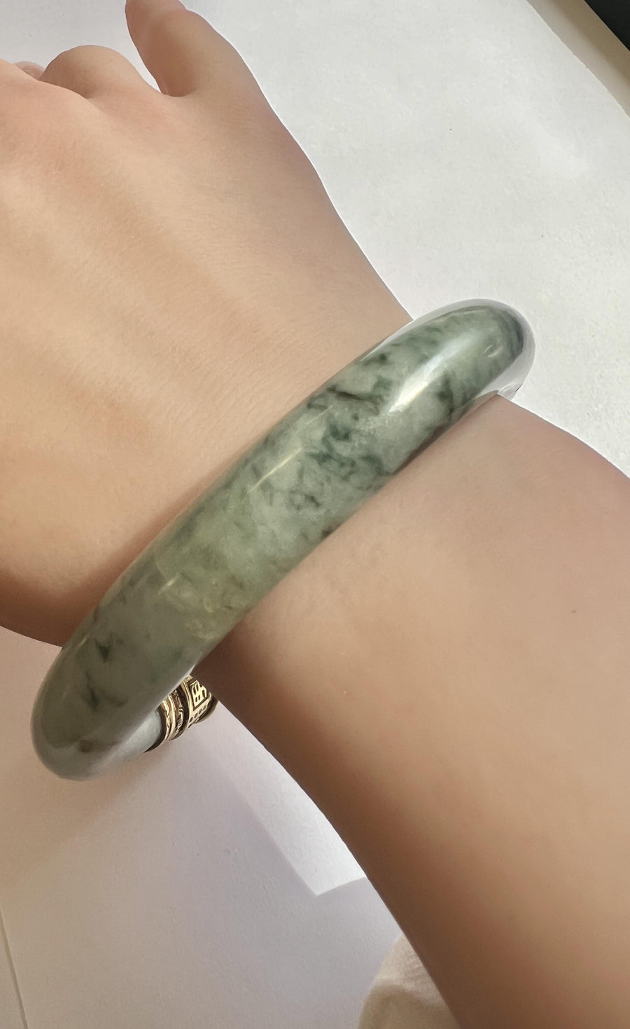 Antique Large AAA Jade & Pearl 18k Yellow Gold 3D Chinese Cuff Bangle Bracelet