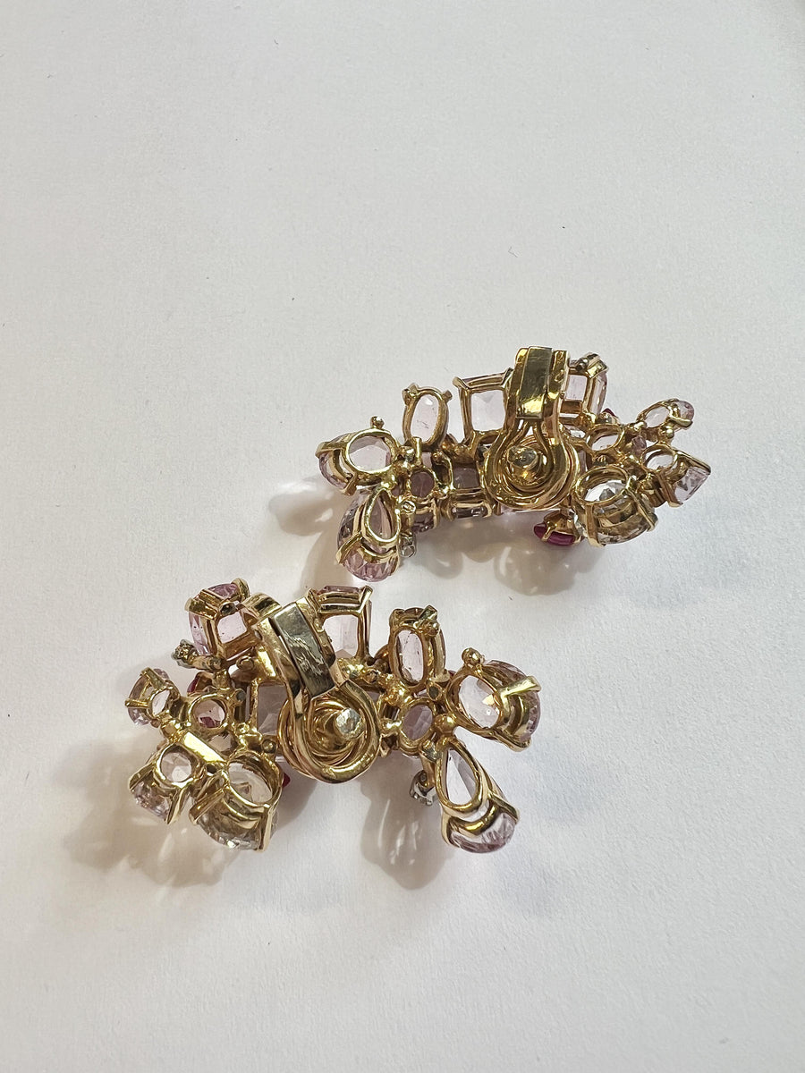 18k Gold, Kunzite, Ruby, Diamond Clip-on Earrings