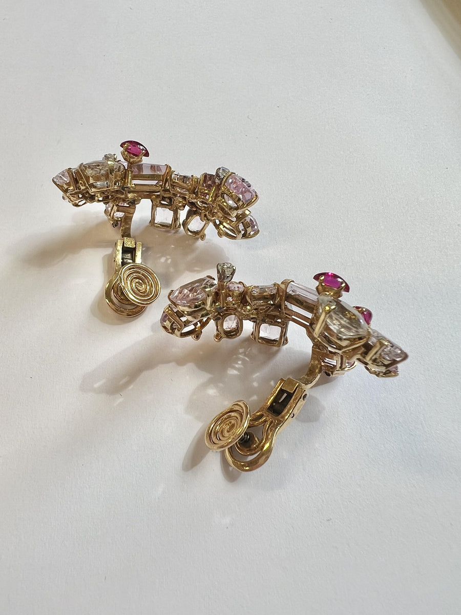 18k Gold, Kunzite, Ruby, Diamond Clip-on Earrings