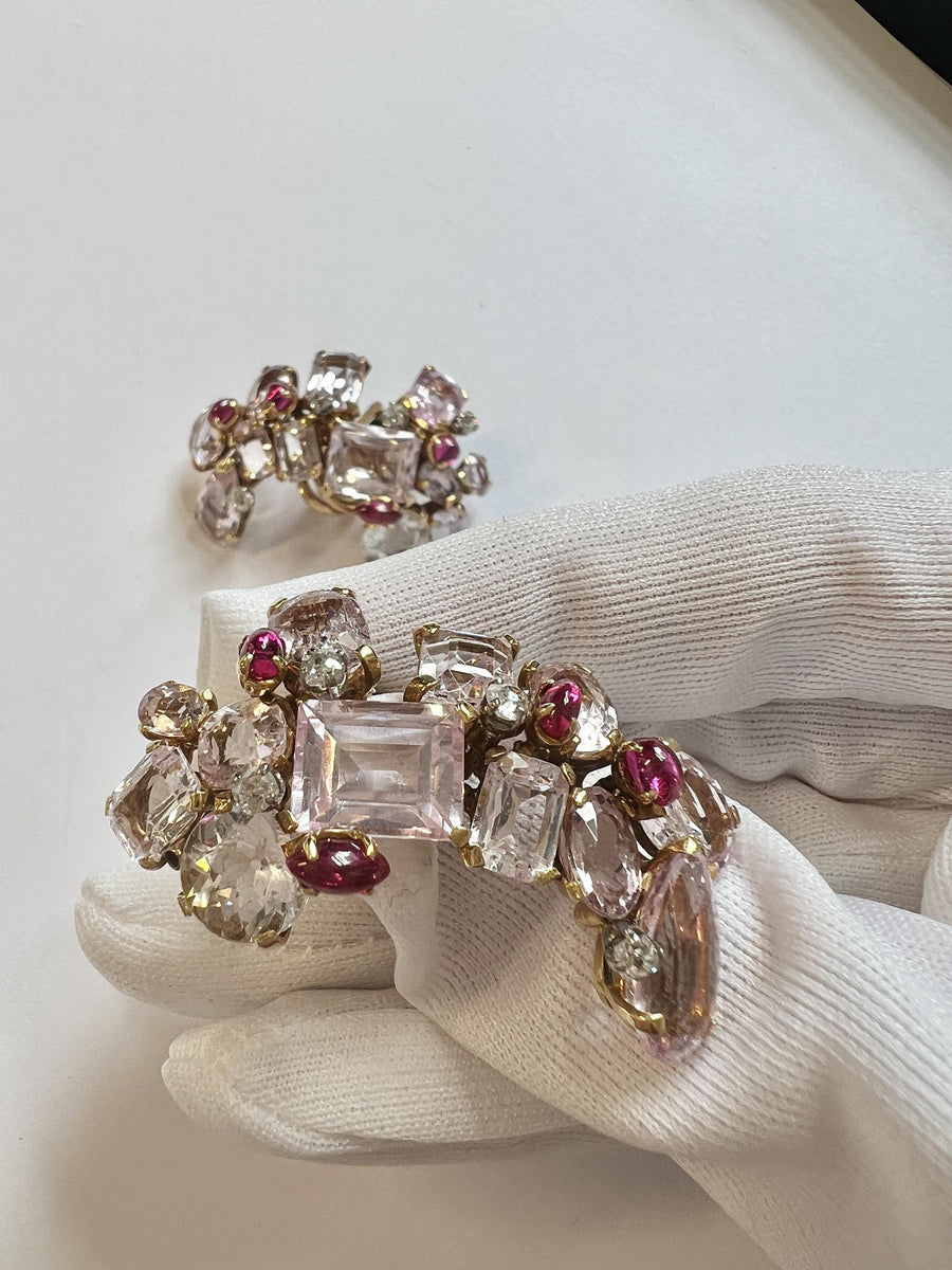 18k Gold, Kunzite, Ruby, Diamond Clip-on Earrings