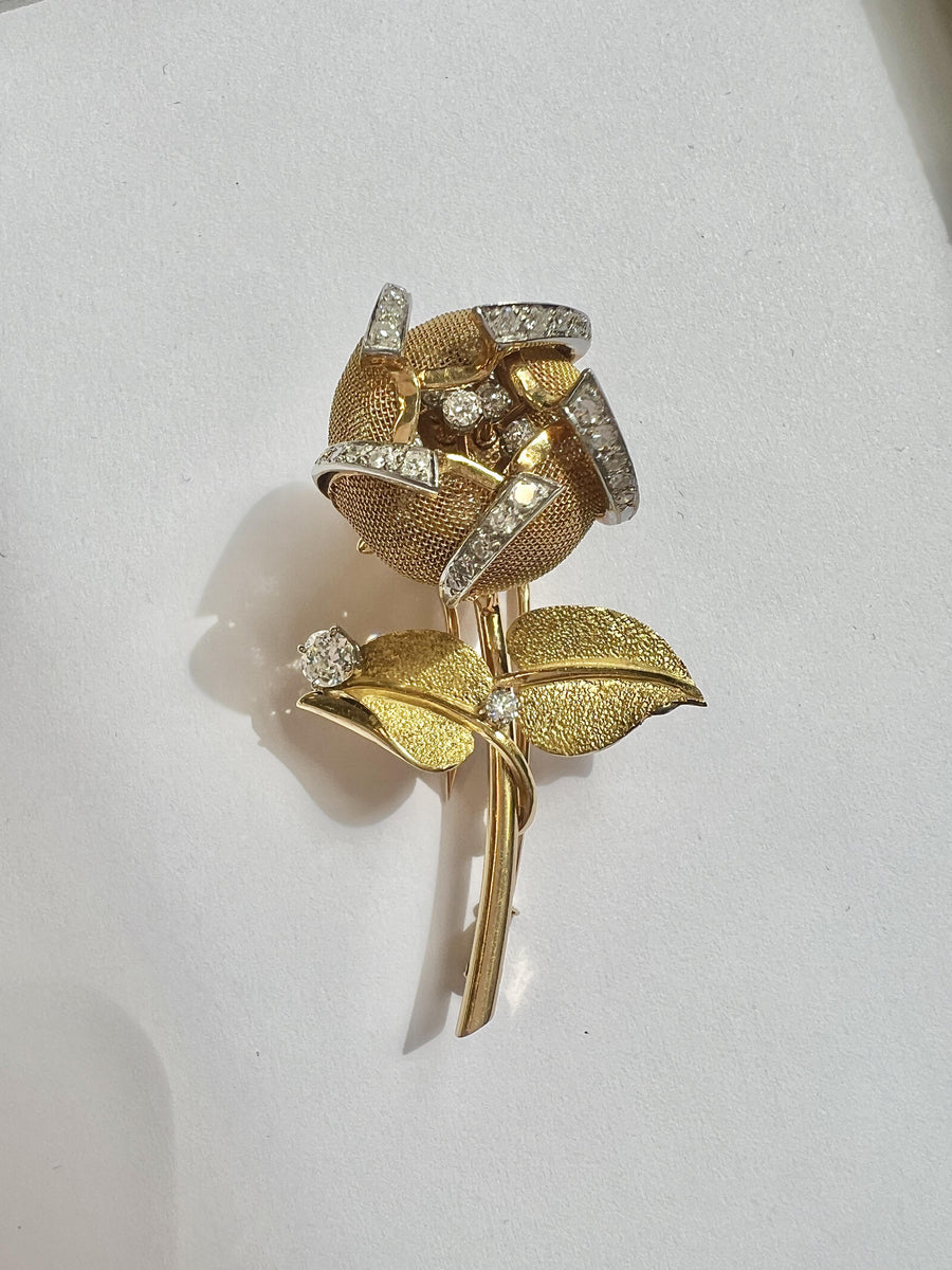 French 18k Gold Platinum Diamond 'En Tremblant' Brooch