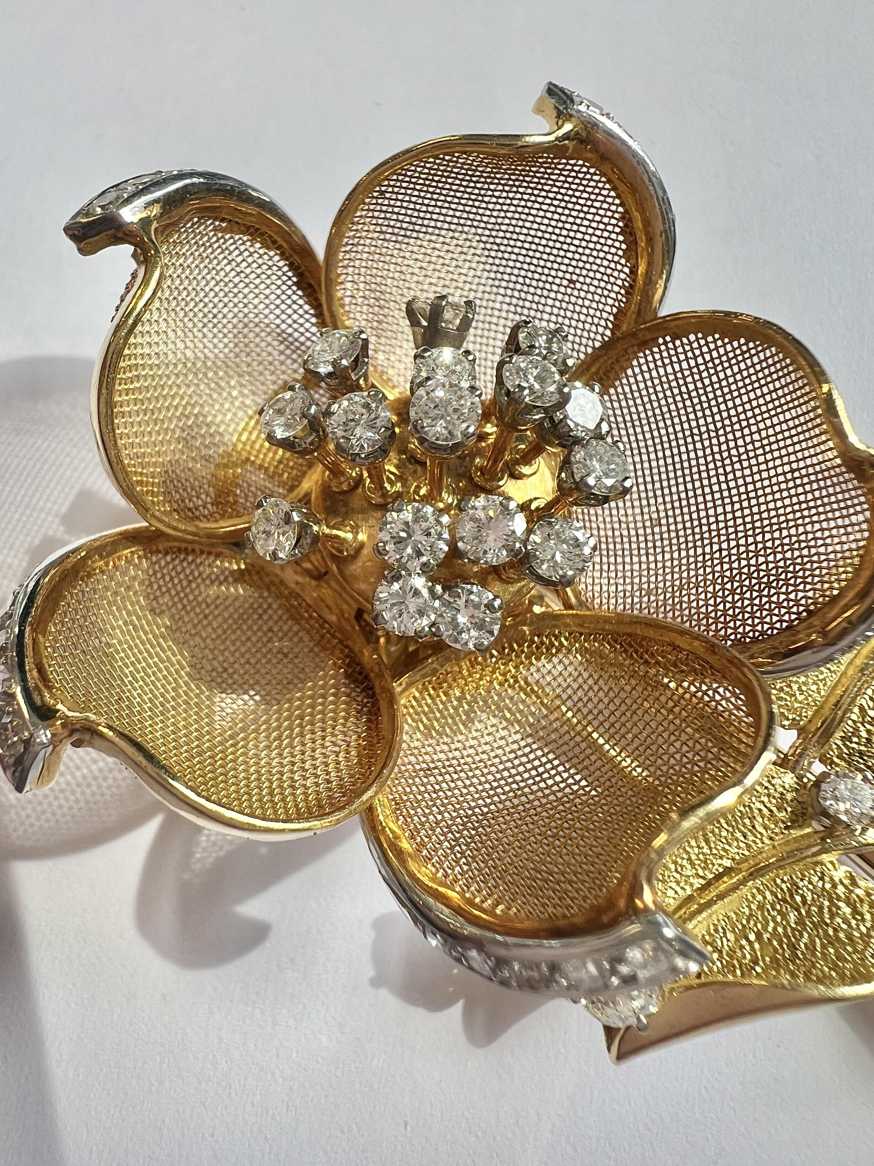 French 18k Gold Platinum Diamond 'En Tremblant' Brooch