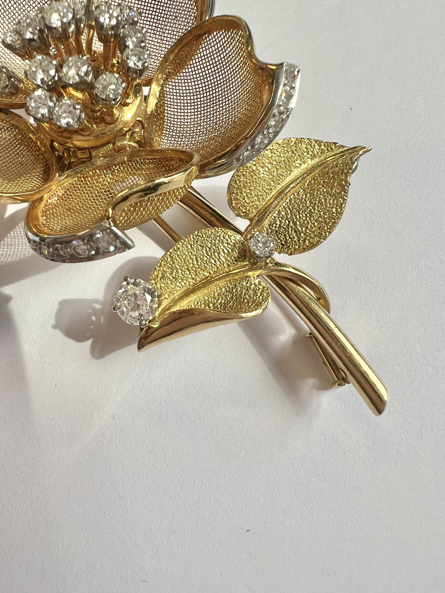 French 18k Gold Platinum Diamond 'En Tremblant' Brooch
