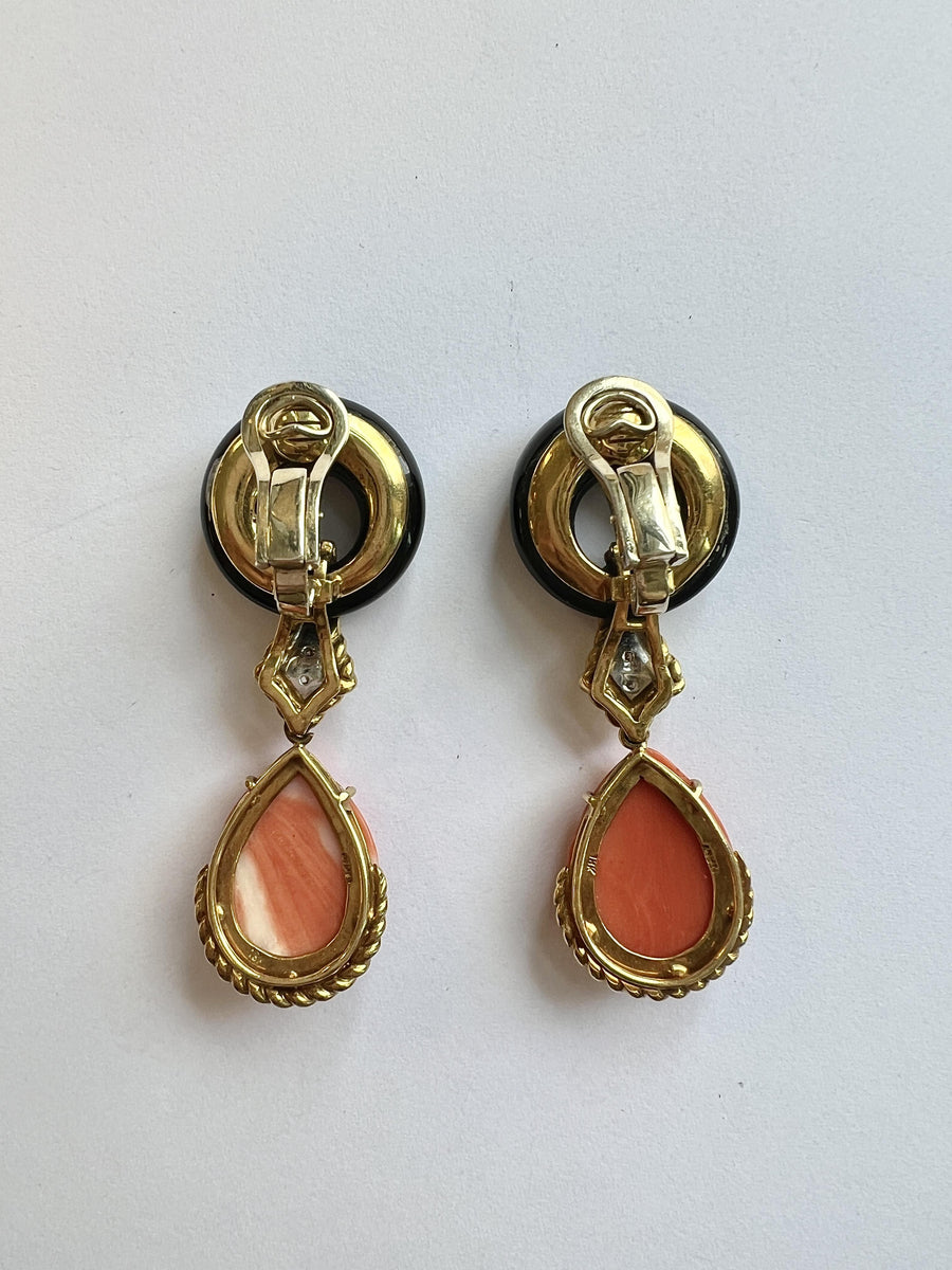 1980s Carved Coral Diamond Onyx Gold Drop Earrings