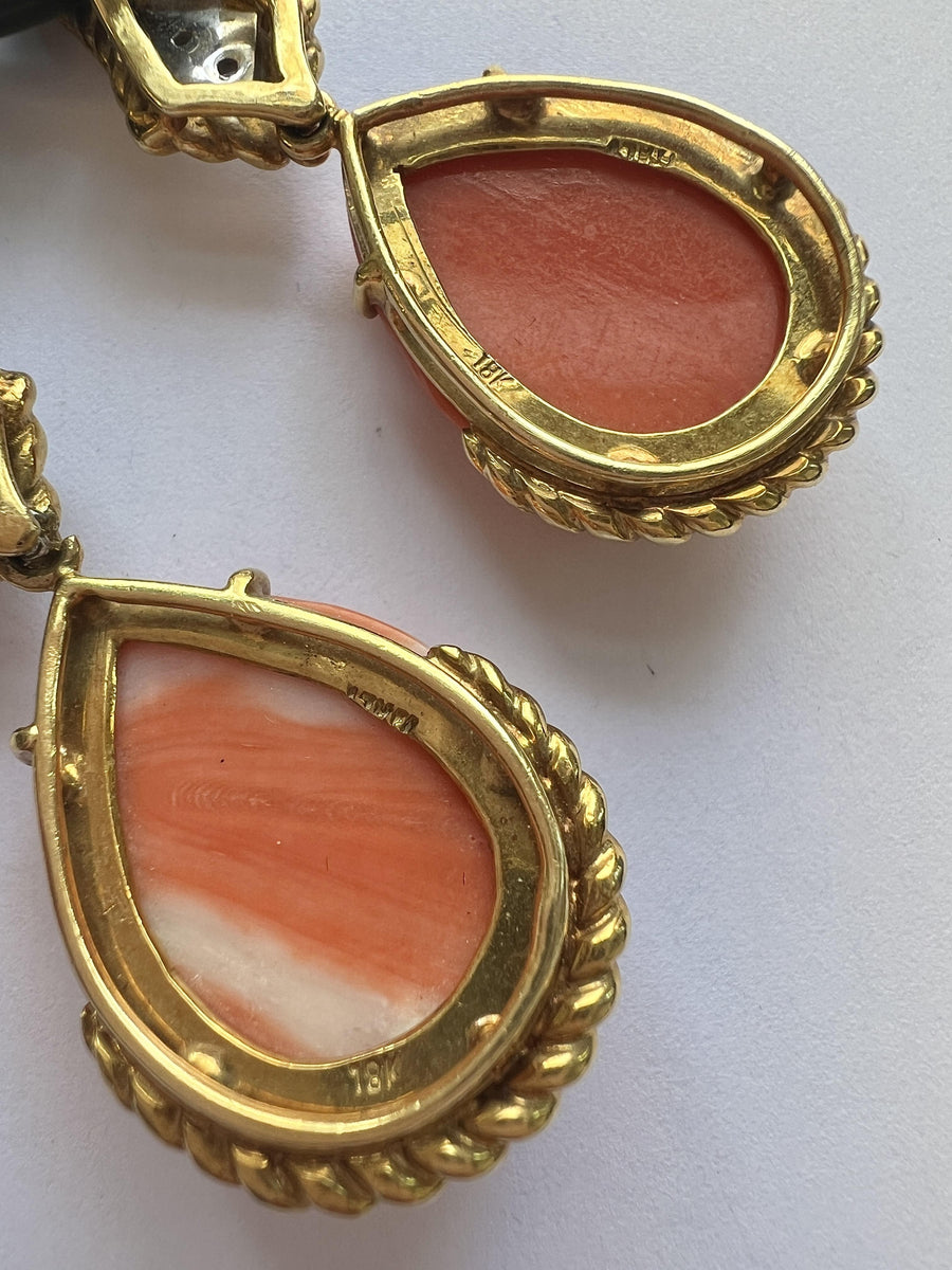 1980s Carved Coral Diamond Onyx Gold Drop Earrings