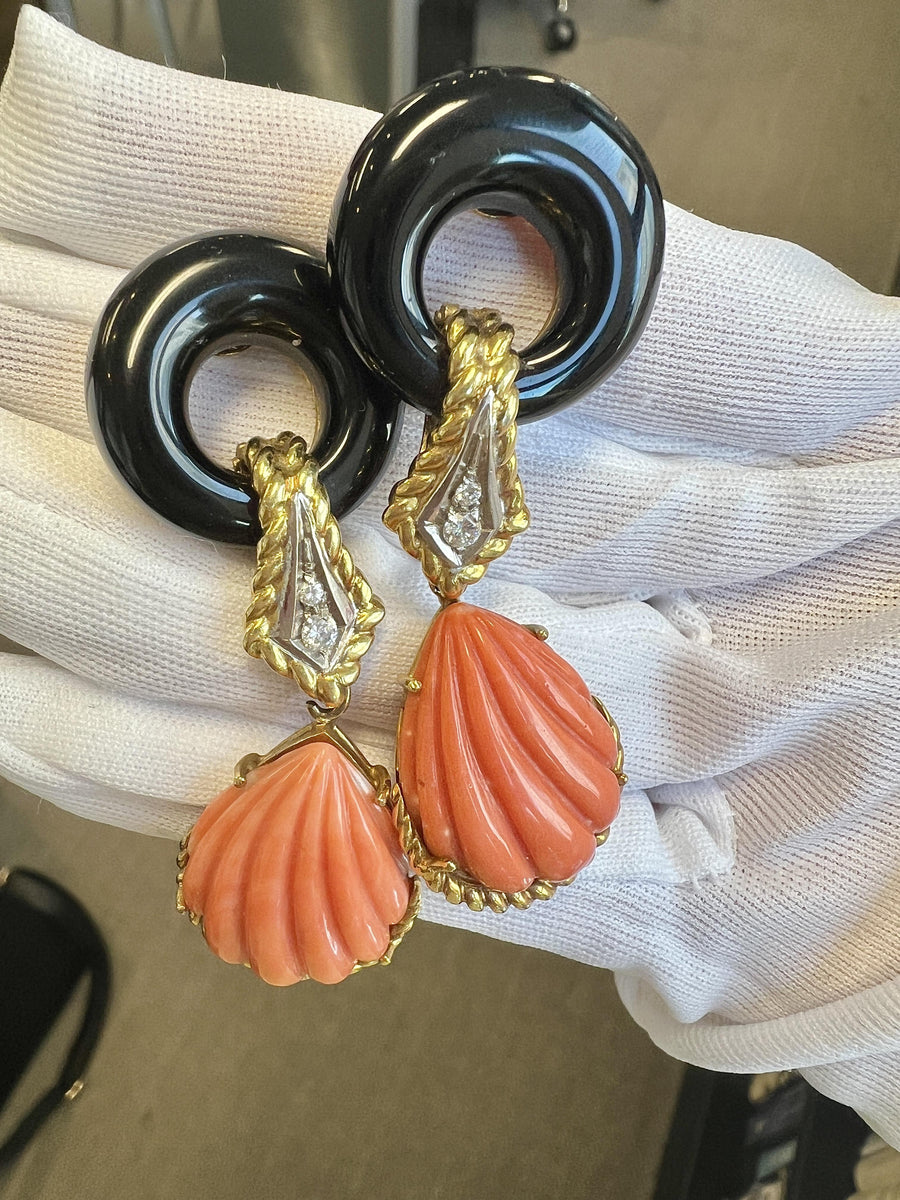 1980s Carved Coral Diamond Onyx Gold Drop Earrings