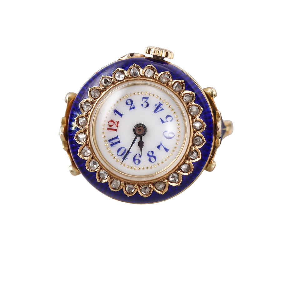 Antique Georgian Gold Enamel Diamond Watch Ring