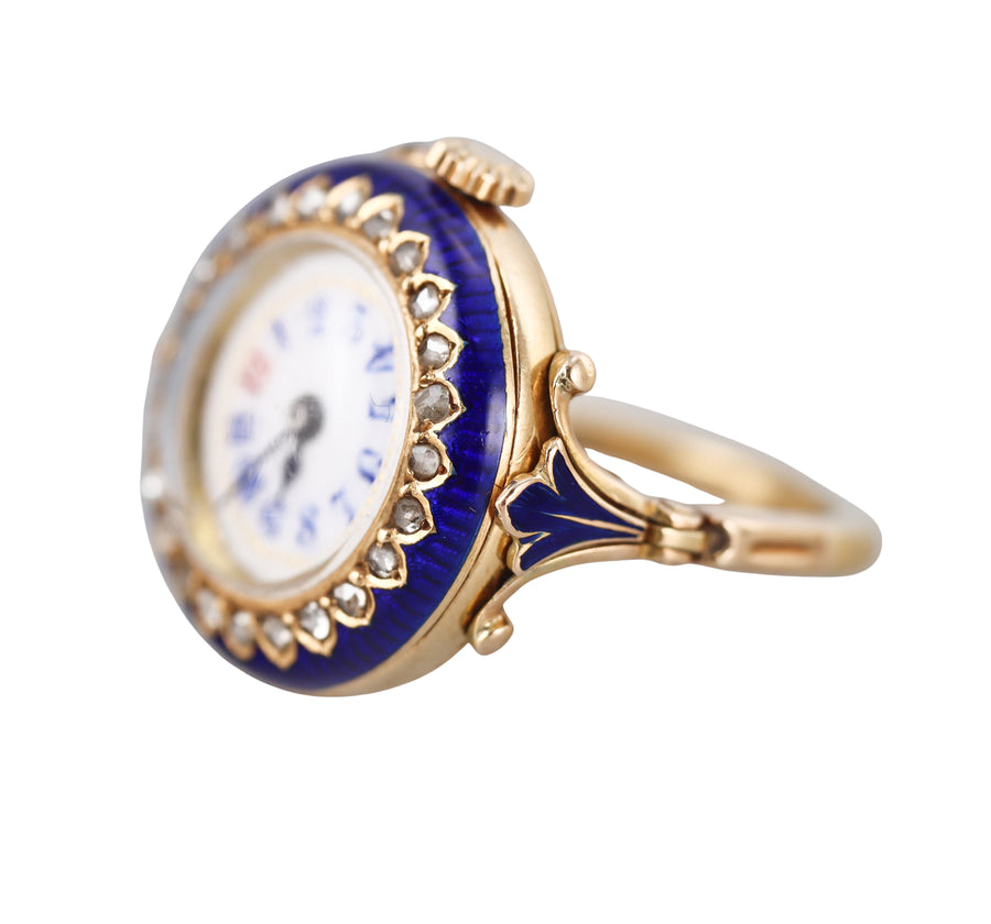 Antique Georgian Gold Enamel Diamond Watch Ring