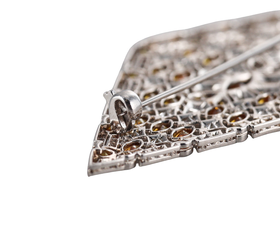 Art Deco Filigree Fancy Diamond Platinum Brooch Pin