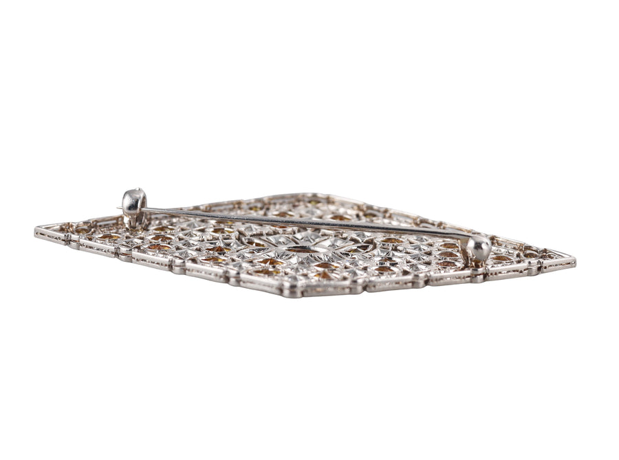Art Deco Filigree Fancy Diamond Platinum Brooch Pin