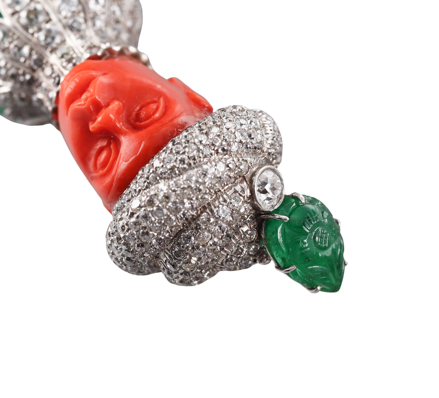 Attilio Codognato 200 Carat Carved Emerald Coral Diamond Gold Brooch Pendant