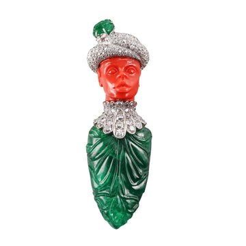 Attilio Codognato 200 Carat Carved Emerald Coral Diamond Gold Brooch Pendant