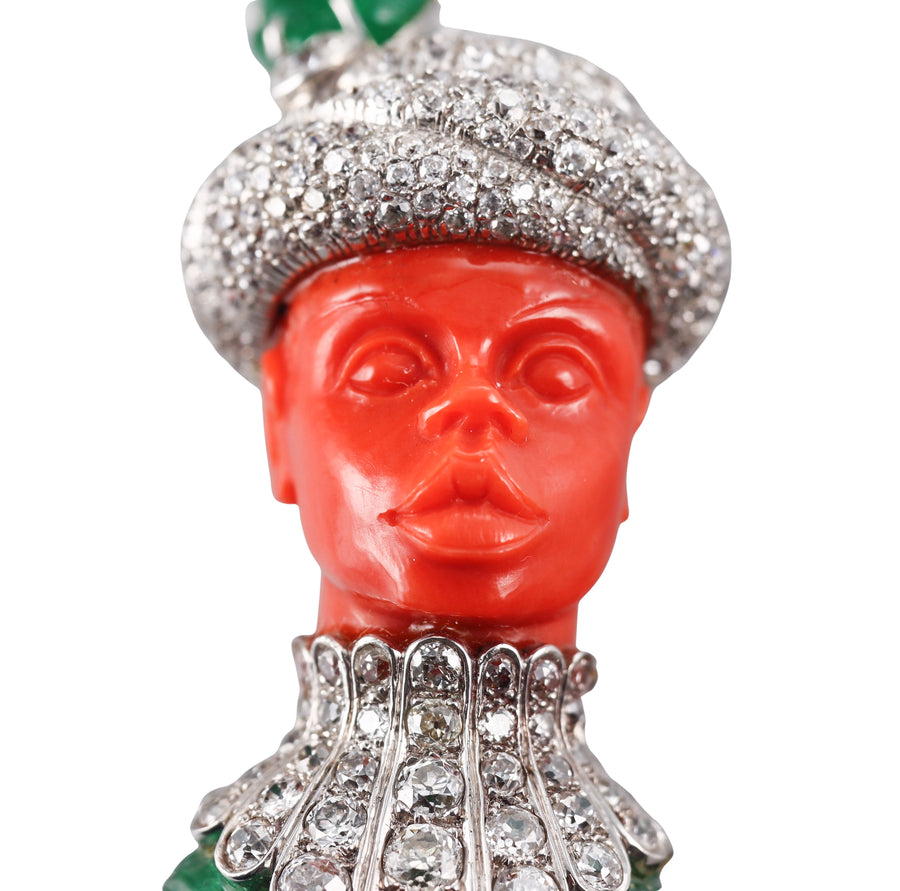 Attilio Codognato 200 Carat Carved Emerald Coral Diamond Gold Brooch Pendant