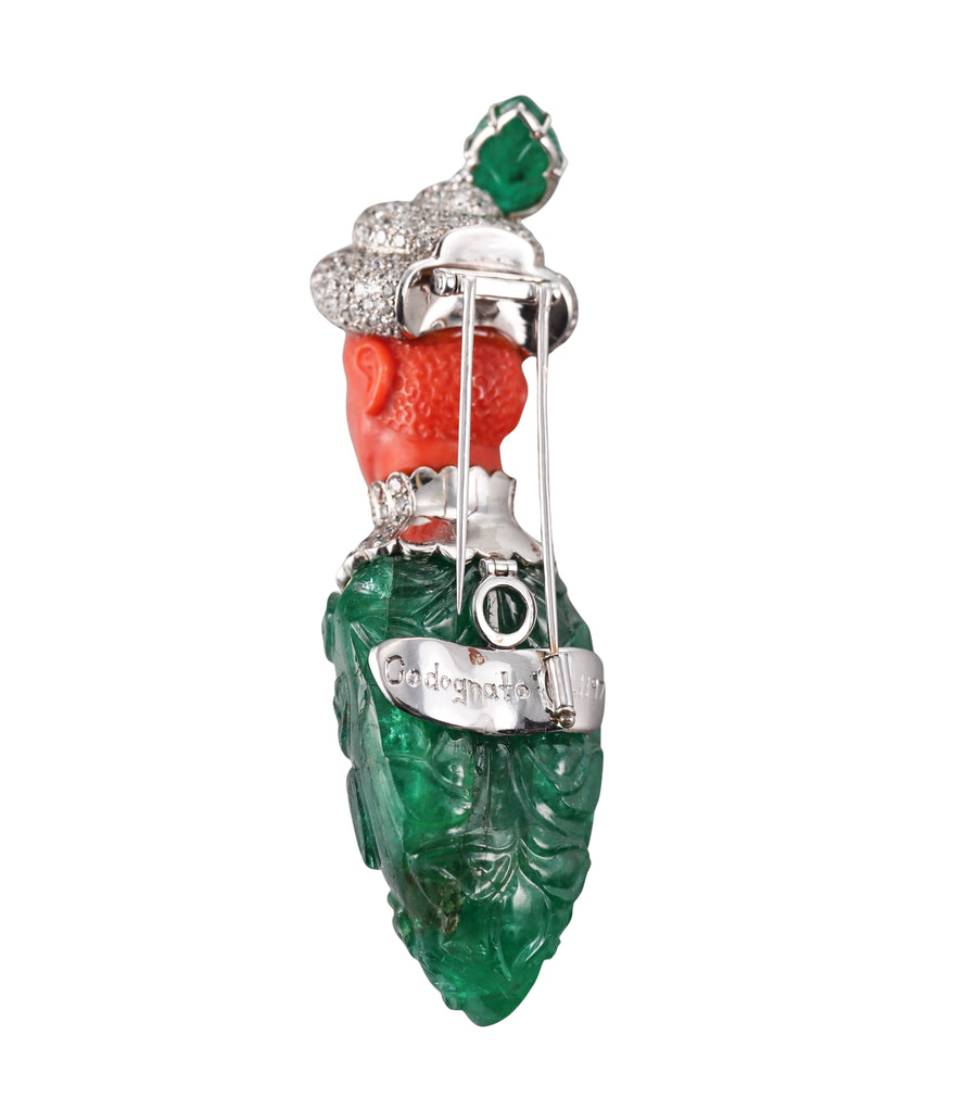 Attilio Codognato 200 Carat Carved Emerald Coral Diamond Gold Brooch Pendant
