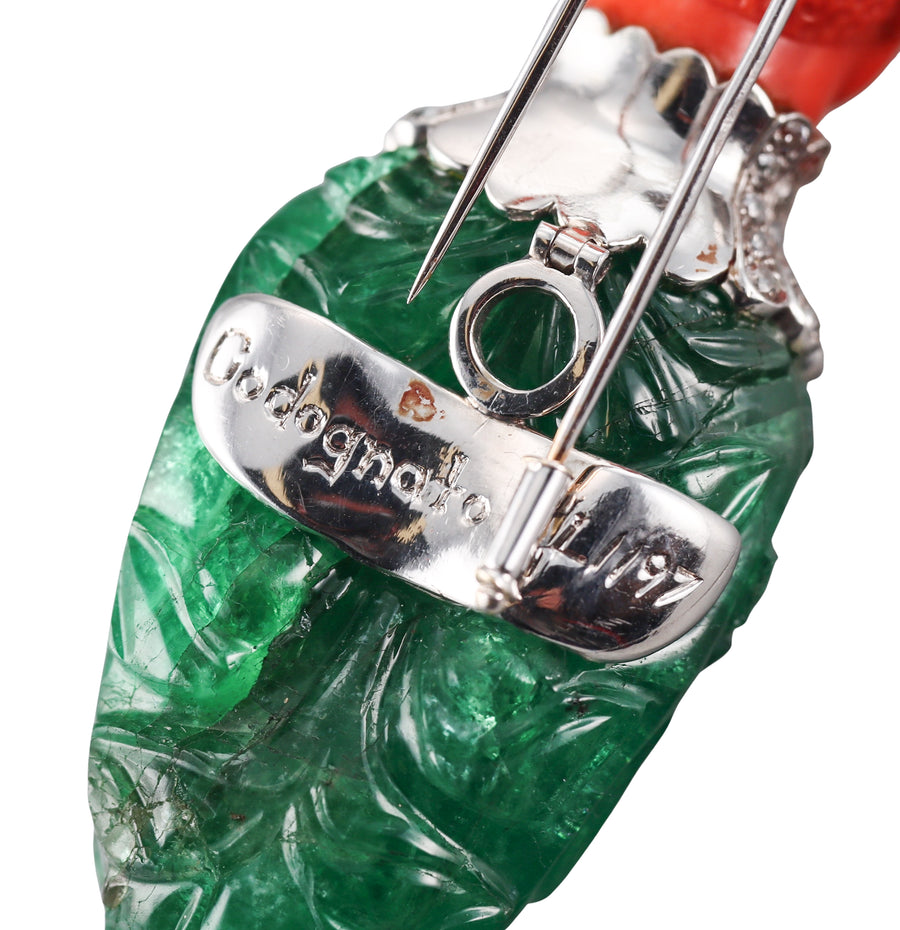 Attilio Codognato 200 Carat Carved Emerald Coral Diamond Gold Brooch Pendant