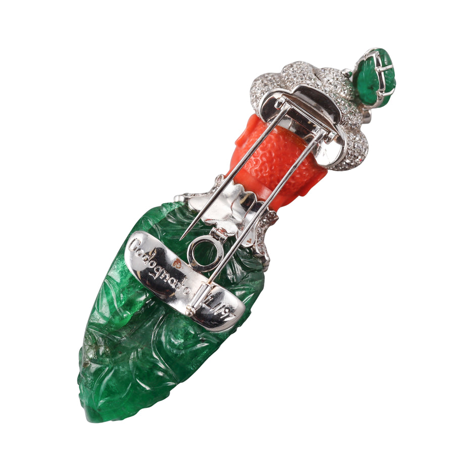 Attilio Codognato 200 Carat Carved Emerald Coral Diamond Gold Brooch Pendant