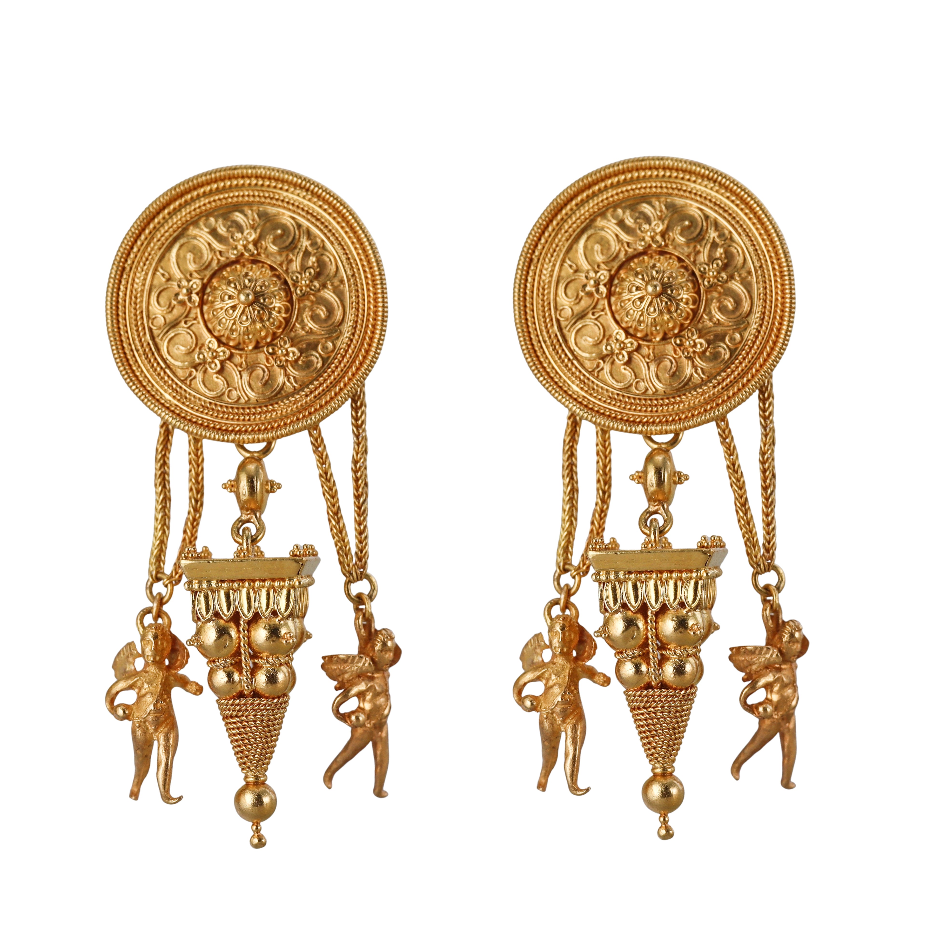 Greek Etruscan Beading Gold Cherub Earrings