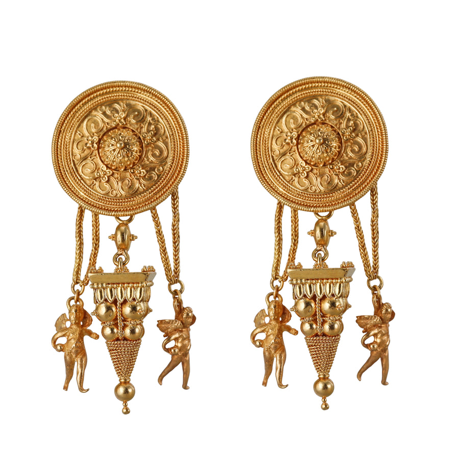 Greek Etruscan Beading Gold Cherub Earrings