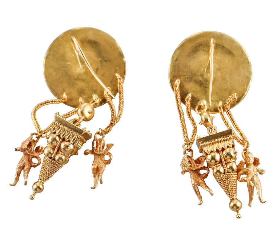 Greek Etruscan Beading Gold Cherub Earrings
