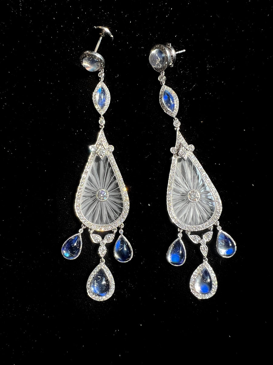 Fred Leighton Diamond Rock Crystal and Moonstone Chandelier Earrings