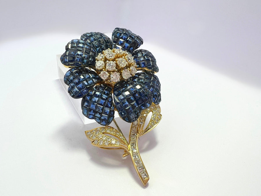 Adler Invisible Set 18K Gold Sapphire and Diamond Flower Brooch