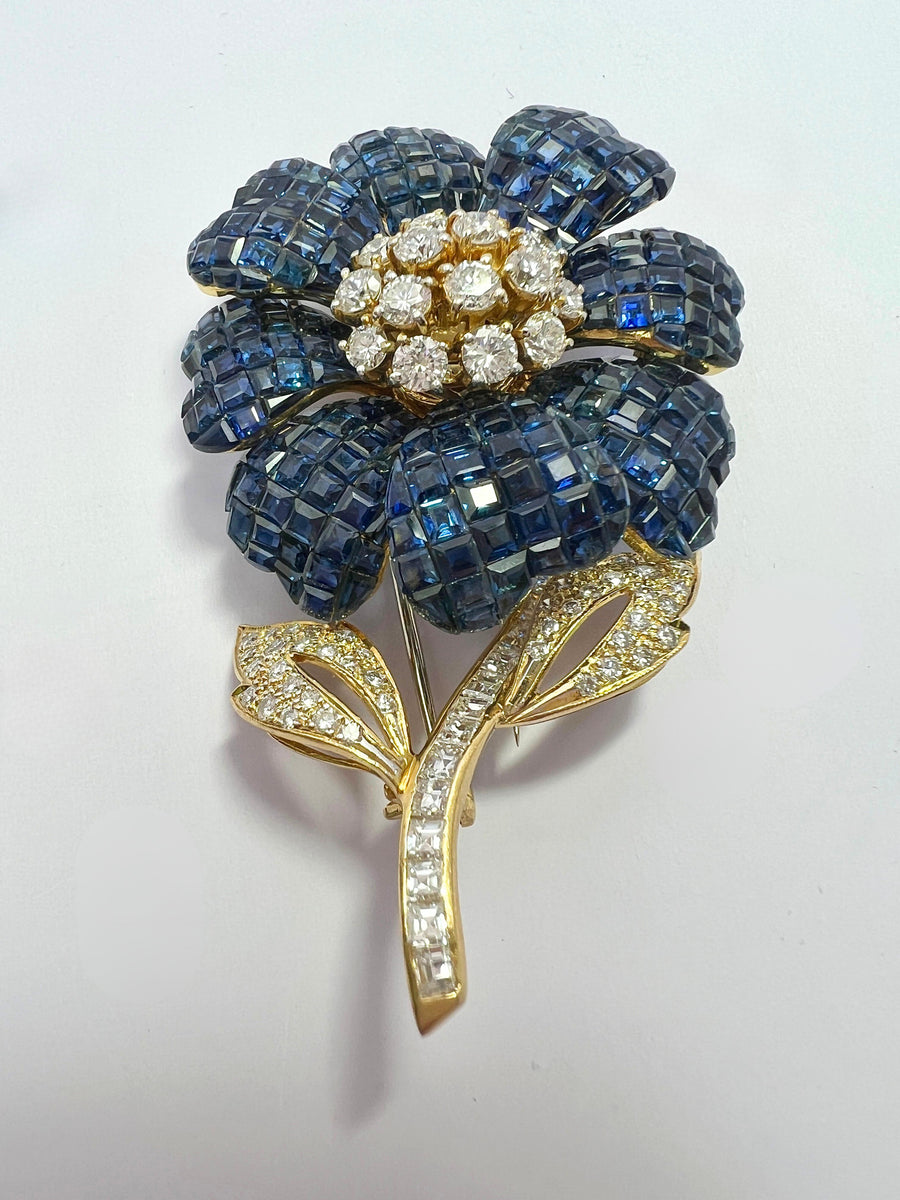 Adler Invisible Set 18K Gold Sapphire and Diamond Flower Brooch