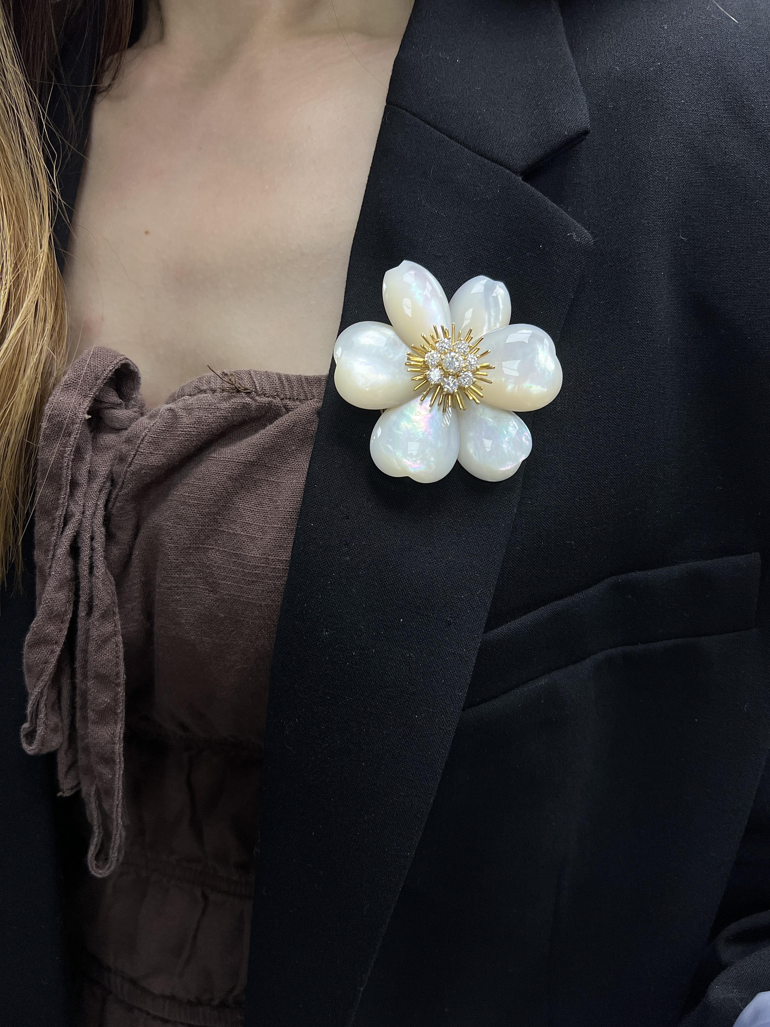 Van Cleef & Arpels 18K Gold, Mother of Pearl and Diamond Flower Brooch