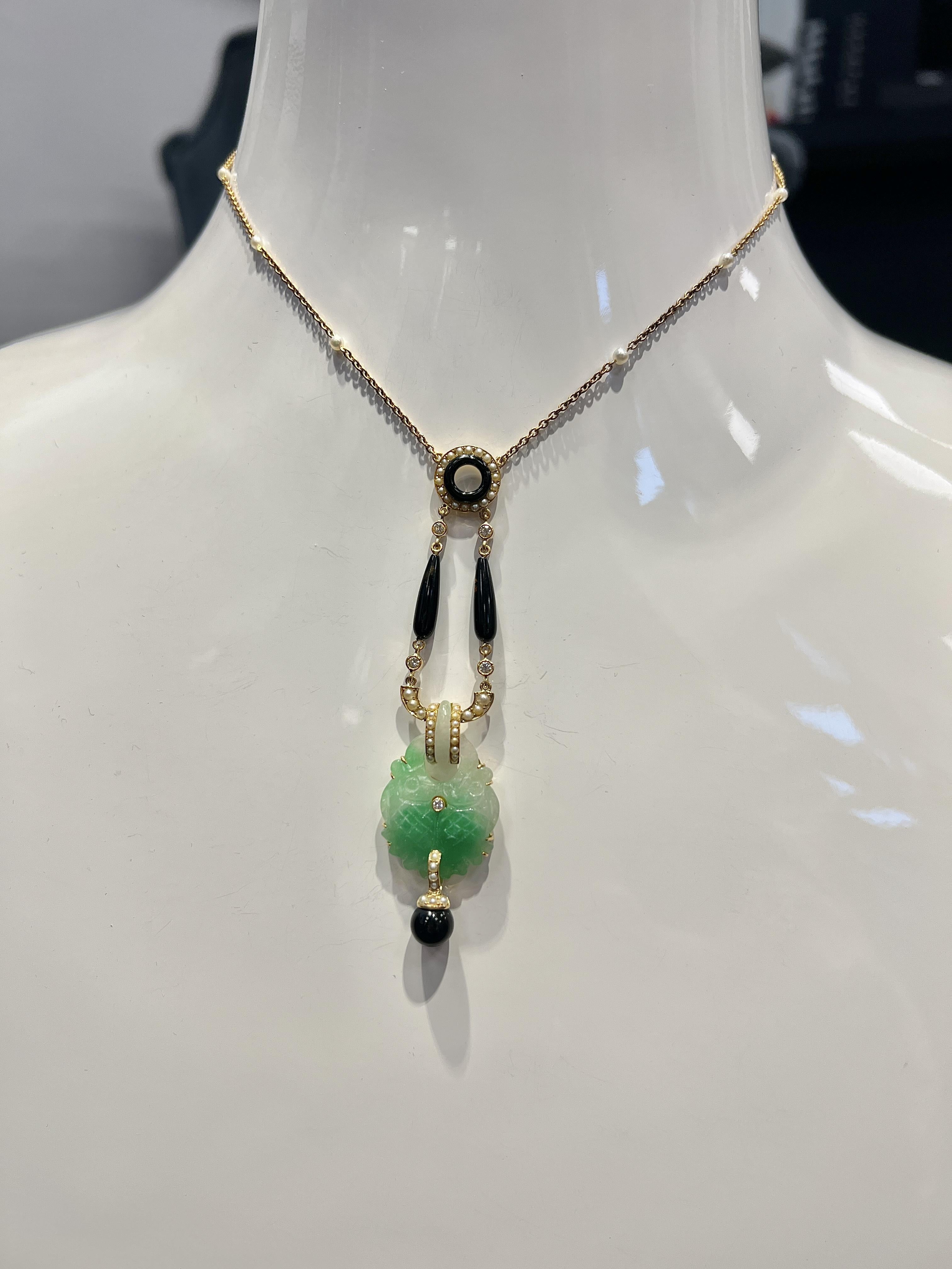 Victorian 18k Gold Jade Onyx Seed Pearls Pendant Necklace