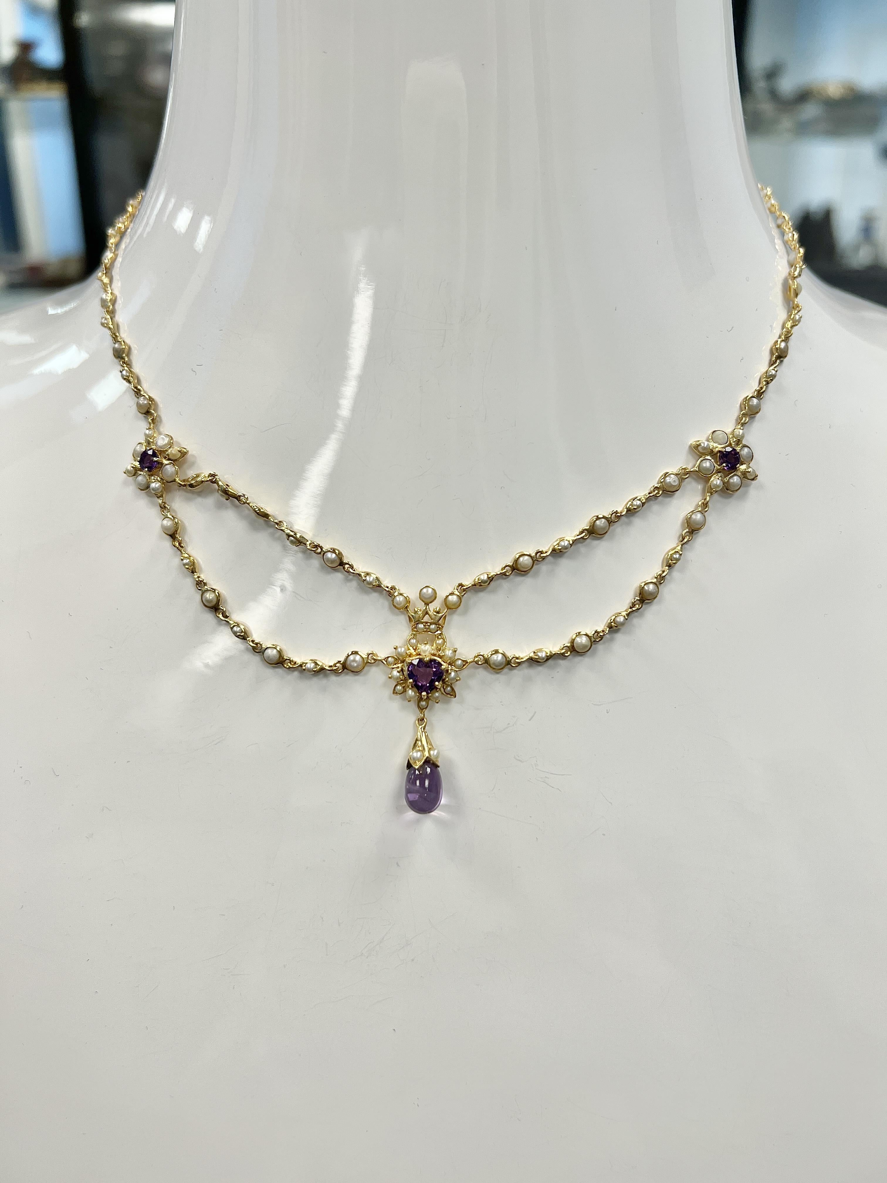 Victorian 18k Yellow Gold Amethyst Seed Pearl Necklace