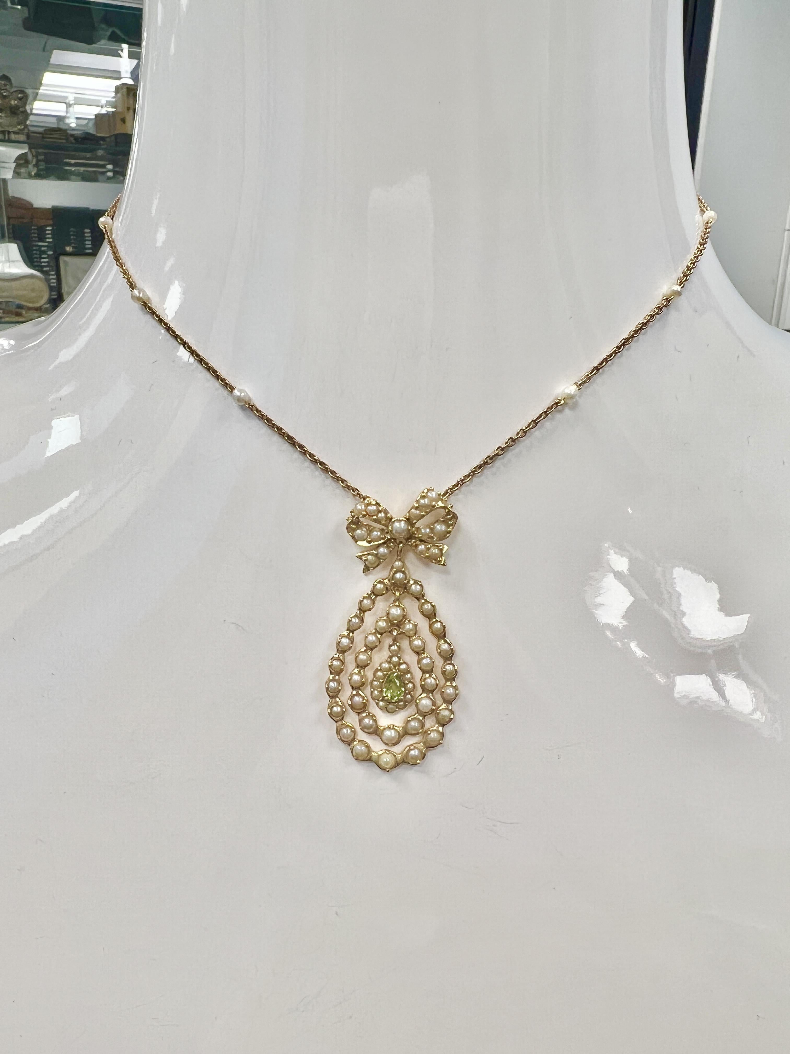 Victorian 18k Yellow Gold Emerald Seed Pearl Necklace