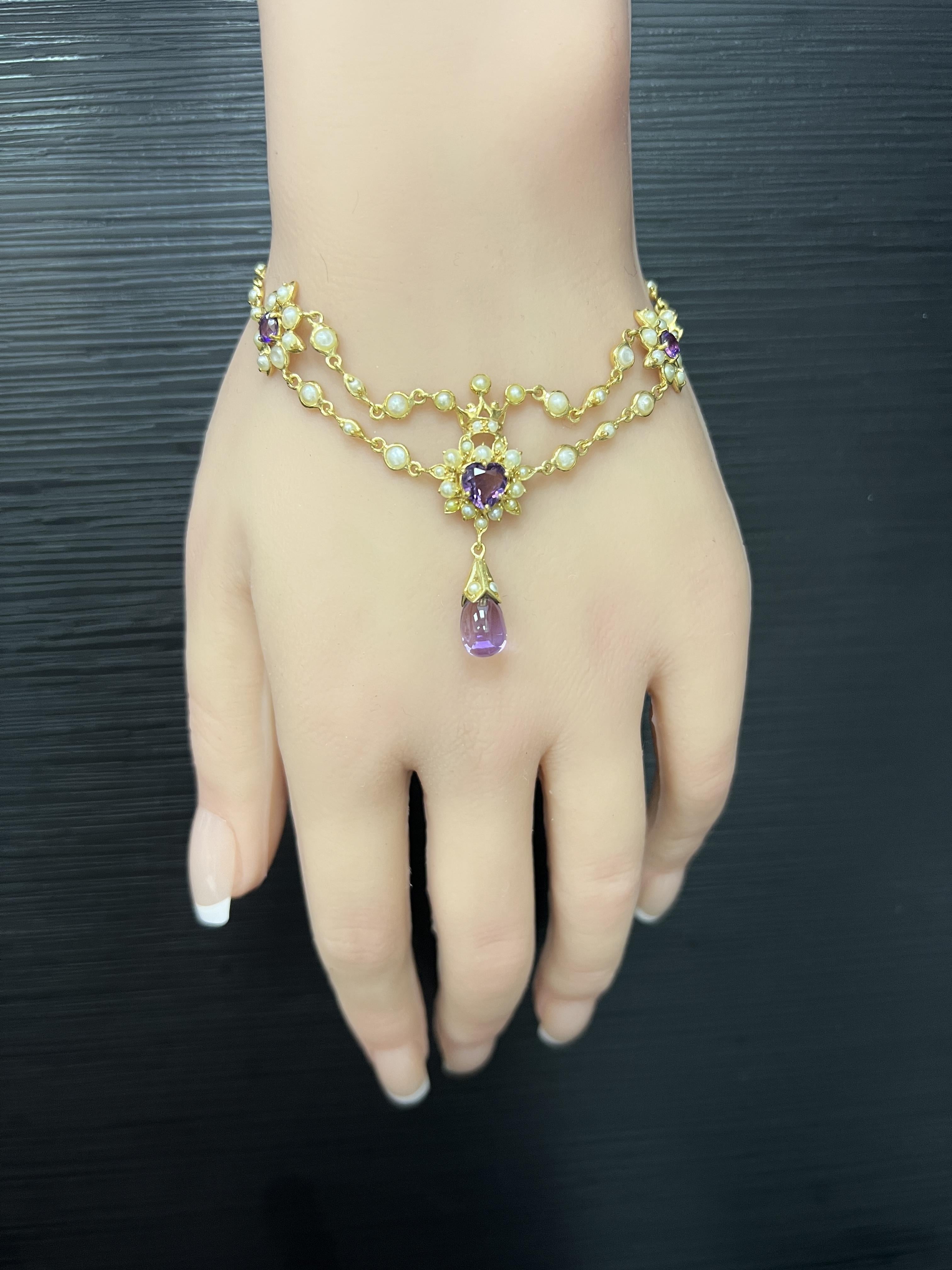 Victorian 18k Yellow Gold Amethyst Seed Pearl Bracelet