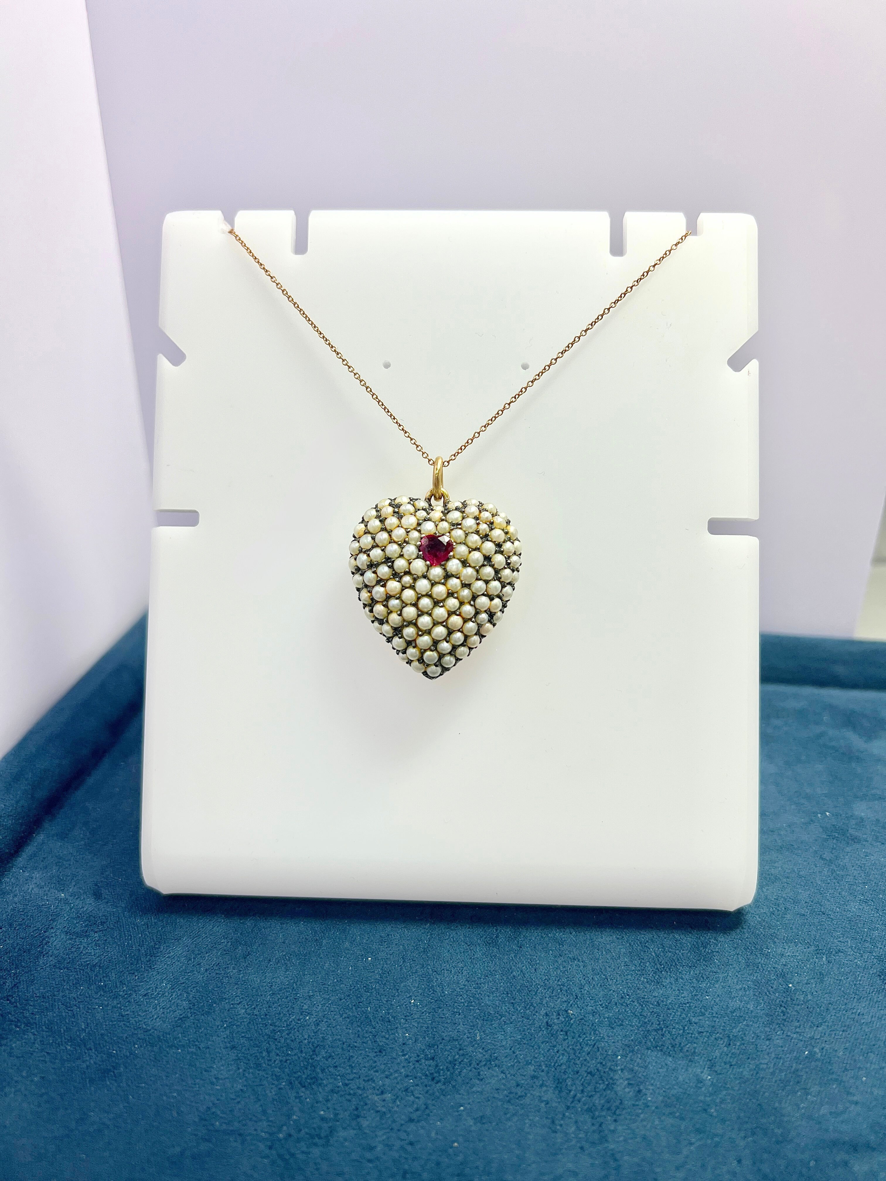 Victorian 18k Gold Silver Ruby Pearls Heart Shaped Pendant Necklace
