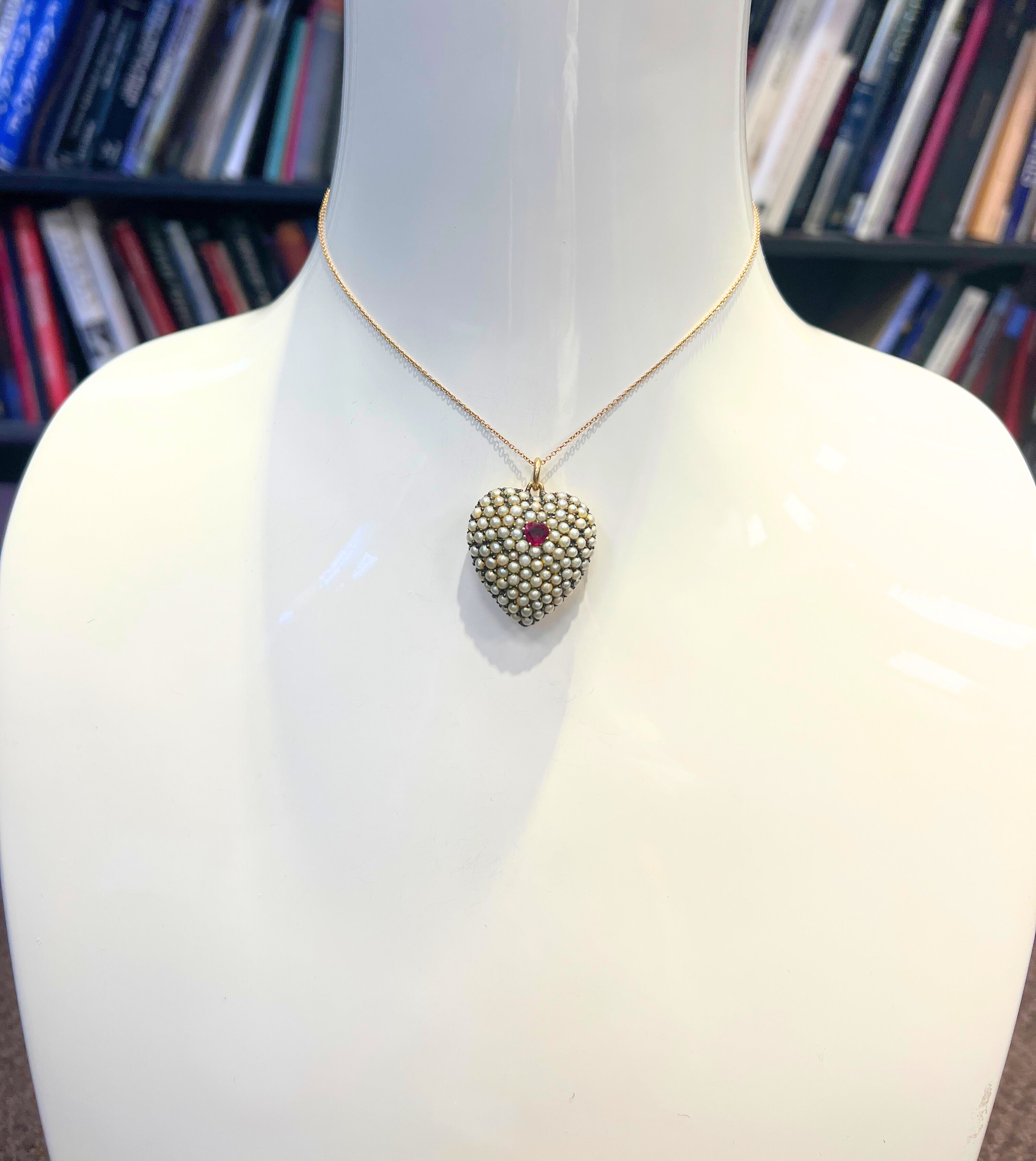 Victorian 18k Gold Silver Ruby Pearls Heart Shaped Pendant Necklace