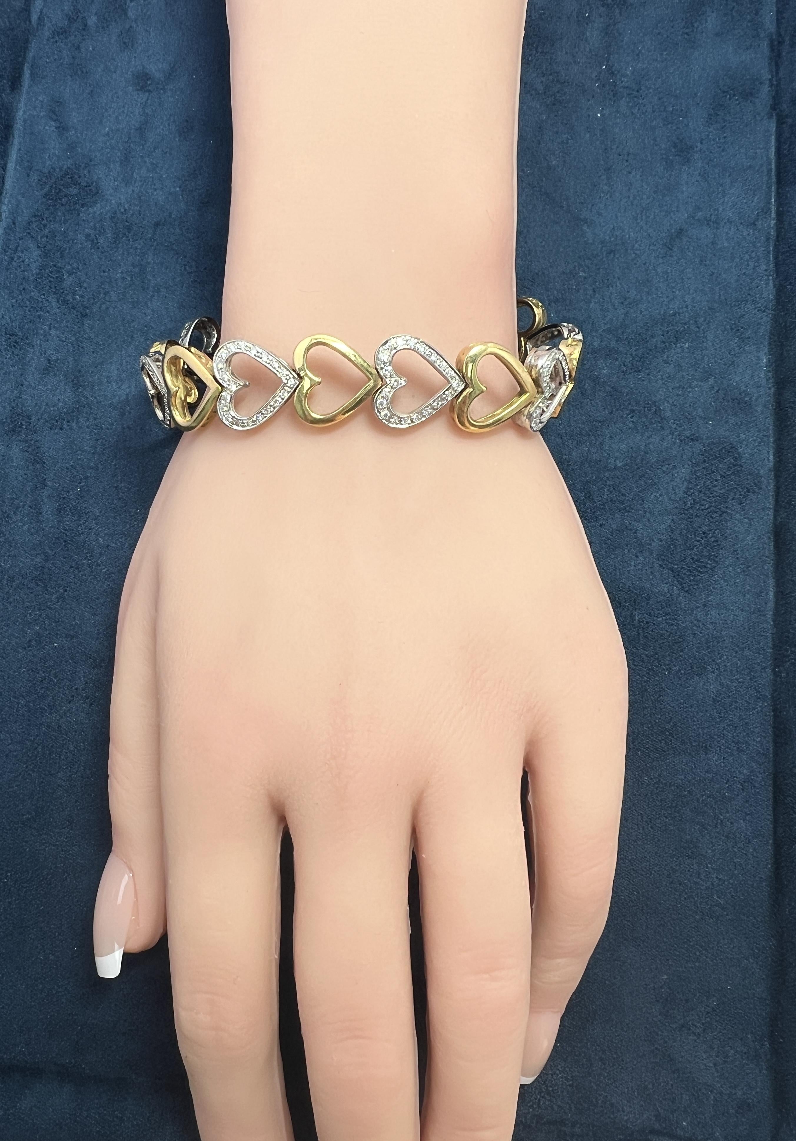 Yellow and White Gold Diamond Heart Link Bracelet