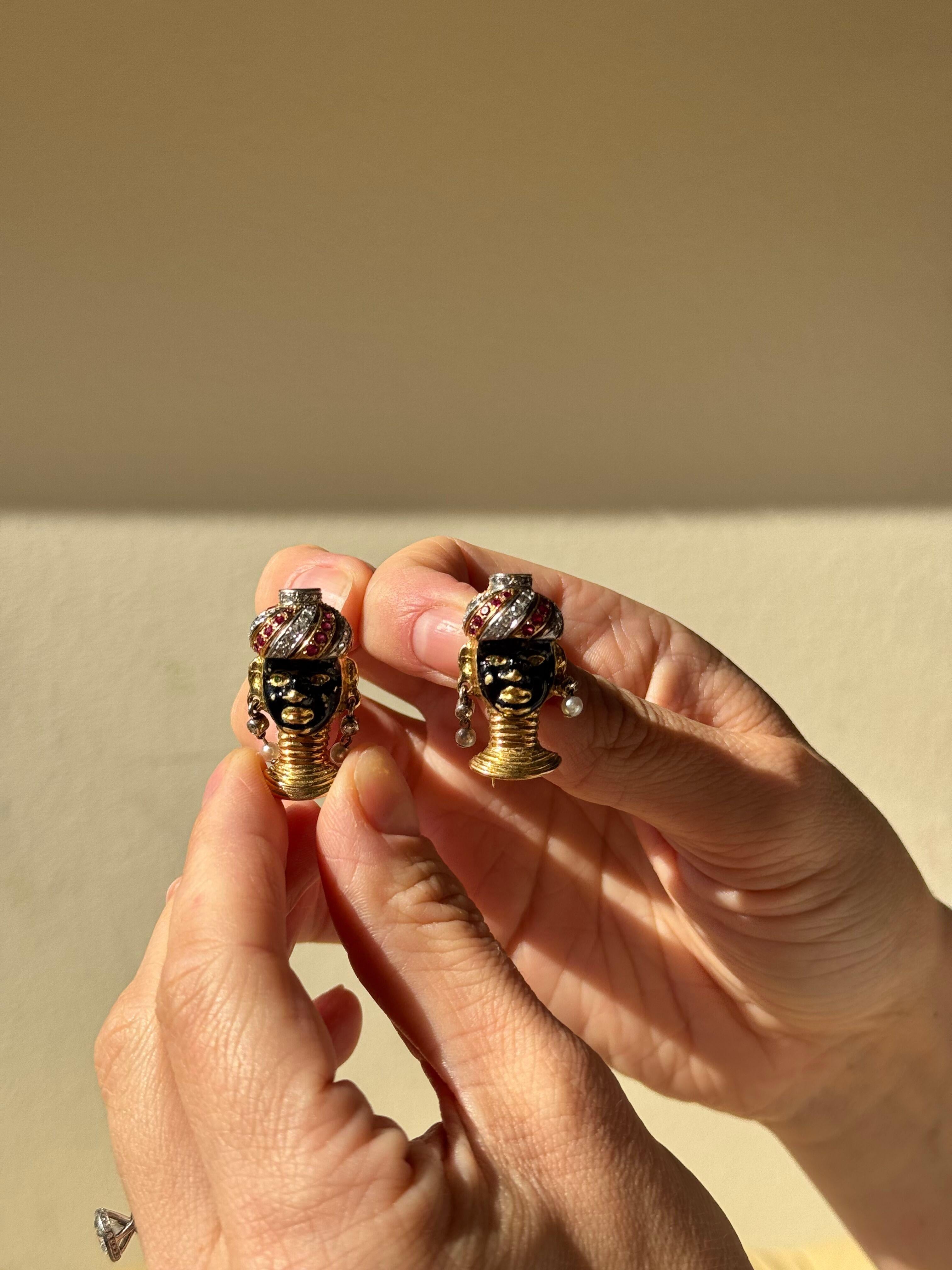 Cartier Diamond Ruby Pearl Enamel Gold Blackamoor Brooch Set