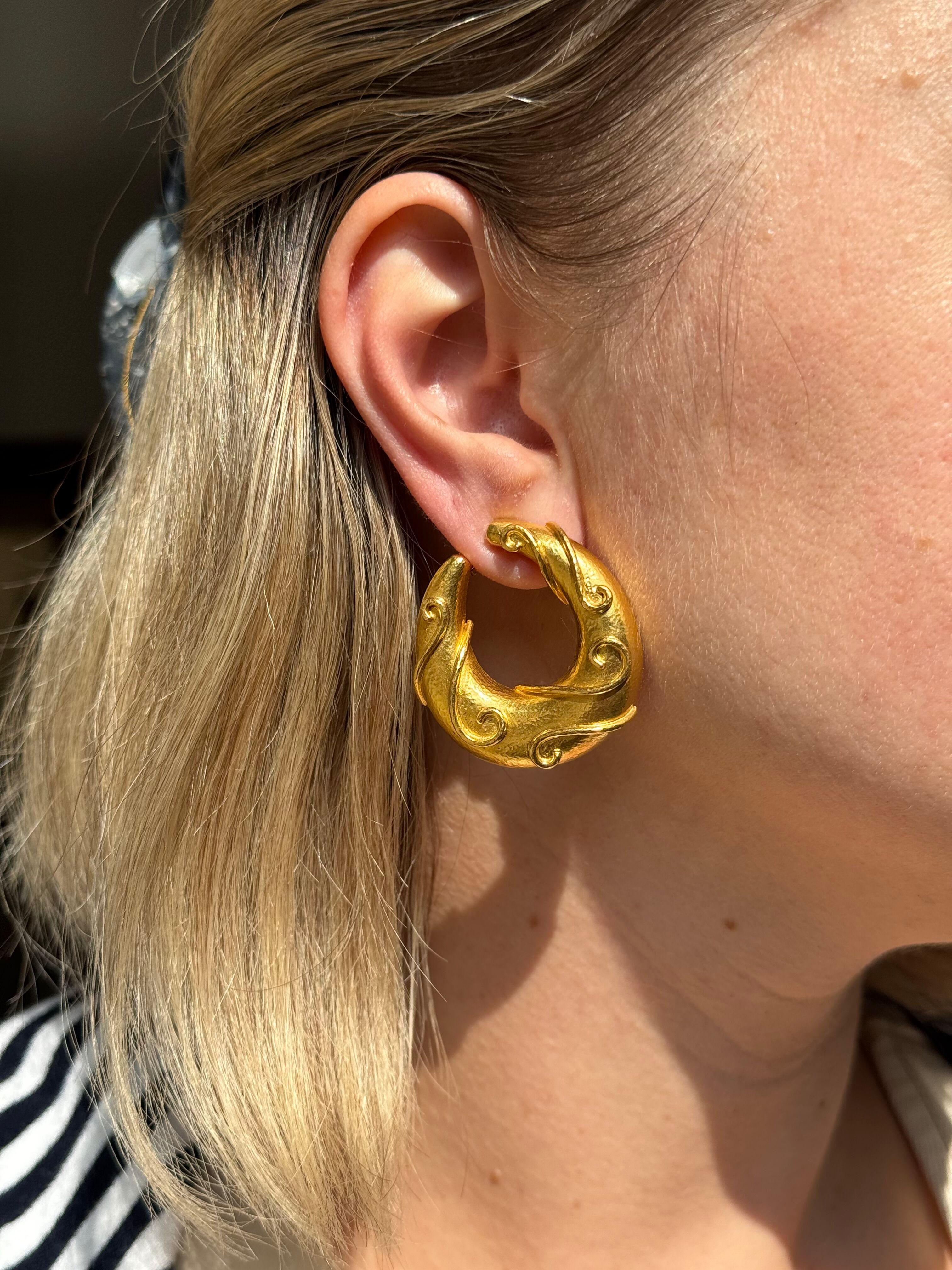 Zolotas Greece Gold Swirl Motif Hoop Earrings
