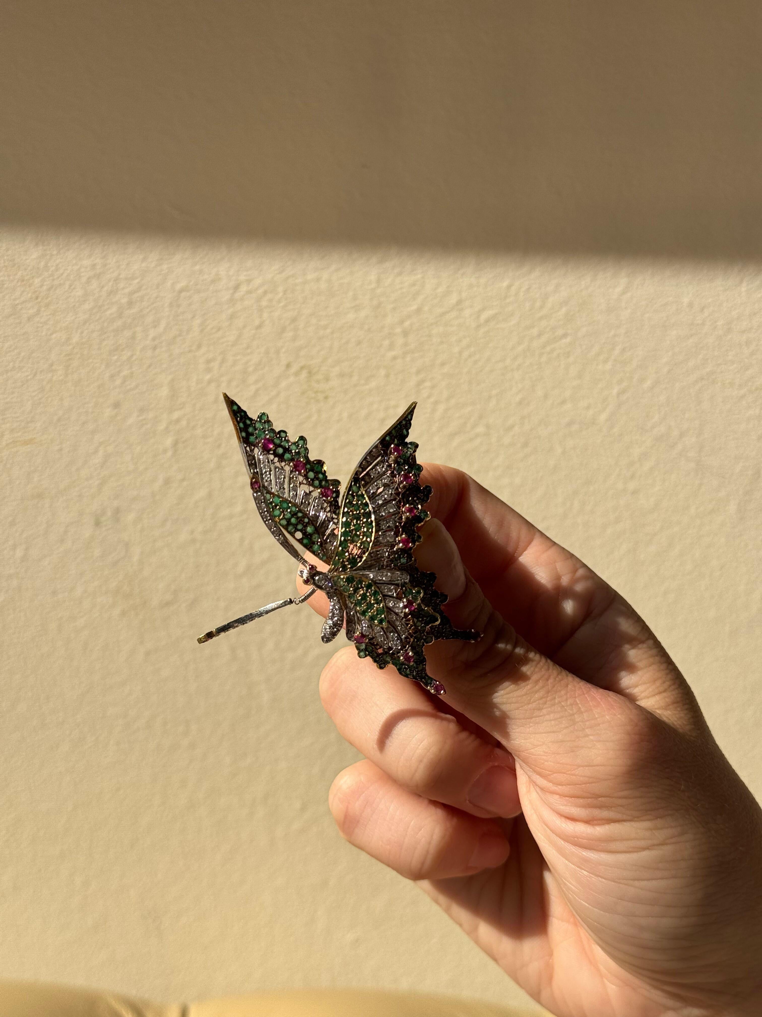 Emerald Ruby Diamond Gold En Tremblant Butterfly Brooch Pin