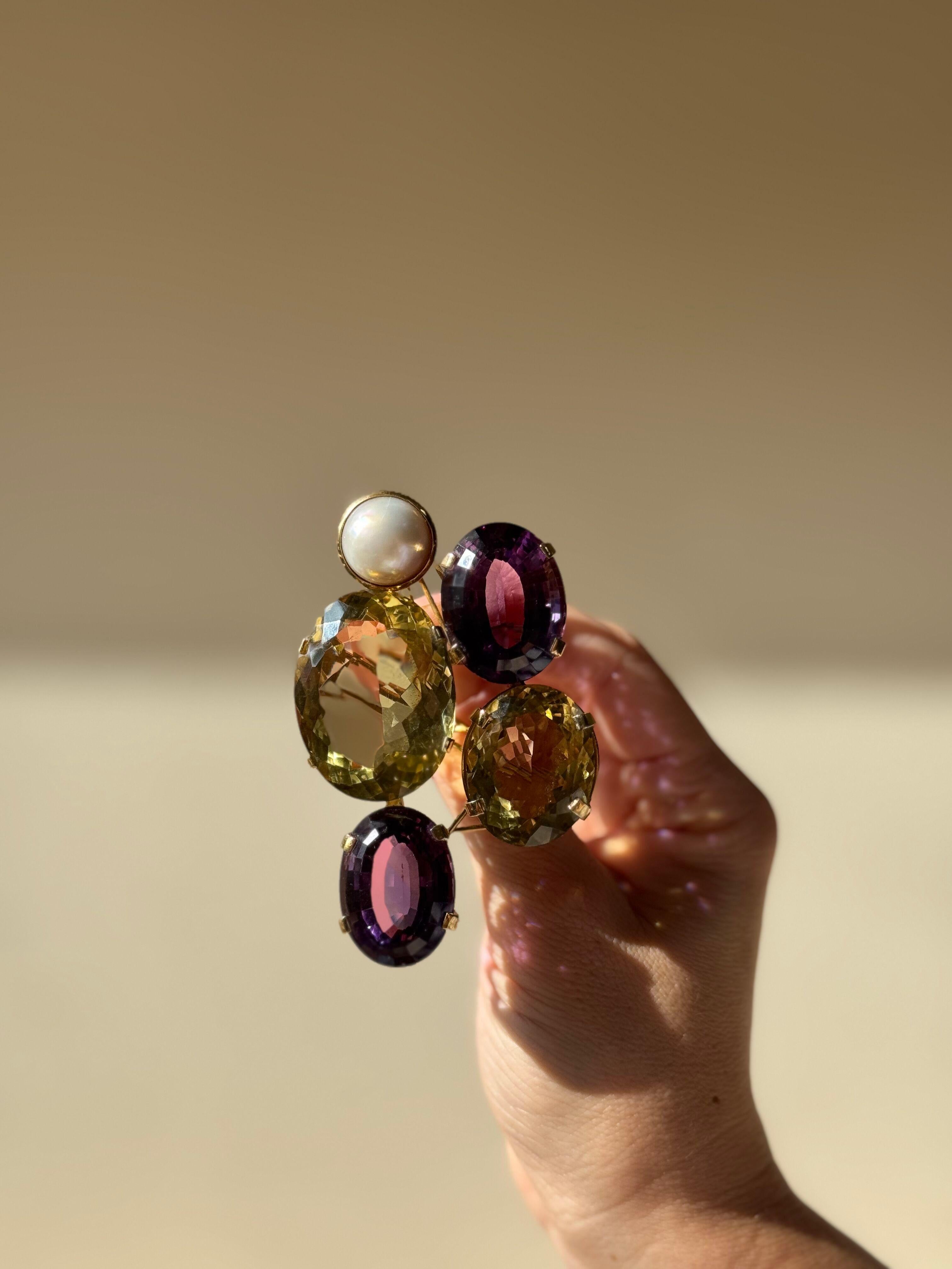 Artisanal Amethyst Citrine Pearl Gold Large Brooch Pendant